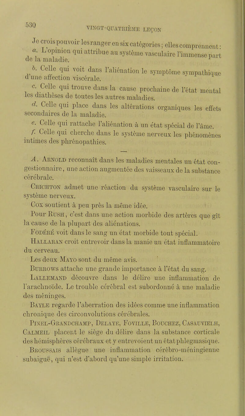 Je ci-ois pouvoir les ranger en six catégories ; elles comprennent • a -Loimiion qui attribue au système vasculaire l'immense part de la maladie. ^ h. Celle qui voit dans l'aliénation le symptôme sympathique d une affection viscérale.  c. Celle qui trouve dans la cause prochaine de l'état mental les diatheses de toutes les autres maladies. d. Celle qui place dans les altérations organiques les effets secondaires de la maladie. e. Celle qui rattache l'aliénation à un état spécial de l'âme. f. Celle qui cherche dans le système nerveux les phénomènes intimes des phrénopathies. A. Arnold reconnaît dans les maladies mentales un état con- gestionnaire, une action augmentée des vaisseaux de la substance cérébrale. Crichton admet une réaction du système vasculaire sur le système nerveux. Cox soutient à peu près la même idée. Pour Rush , c'est dans une action morbide des artères que gît la cause de la plupart des aliénations. FoDÉRÉ voit dans le sang un état morbide tout spécial. Hallaran croit entrevoir dans la manie un état inflammatoire du cerveau. Les deux Mayo sont du même avis. BuRROWS attache une grande importance à l'état du sang. Lallemand découvre dans le délire une inflammation de Tarachnoïde. Le trouble cérébral est subordonné à une maladie des méninges. Bayle regarde l'aberration des idées comme une inflammation chronique des circonvolutions cérébrales. Pinel-Grandchaimp, Délaye, Foville, Bouchez, Casauvielh, Calmeil placent le siège du délire dans la substance corticale des hémisphères cérébraux et y entrevoient un étatphlegmasique. Broussais allègue une inflammation cérébro-méningienne subaiguë, qui n'est d'abord qu'une simple irritation.