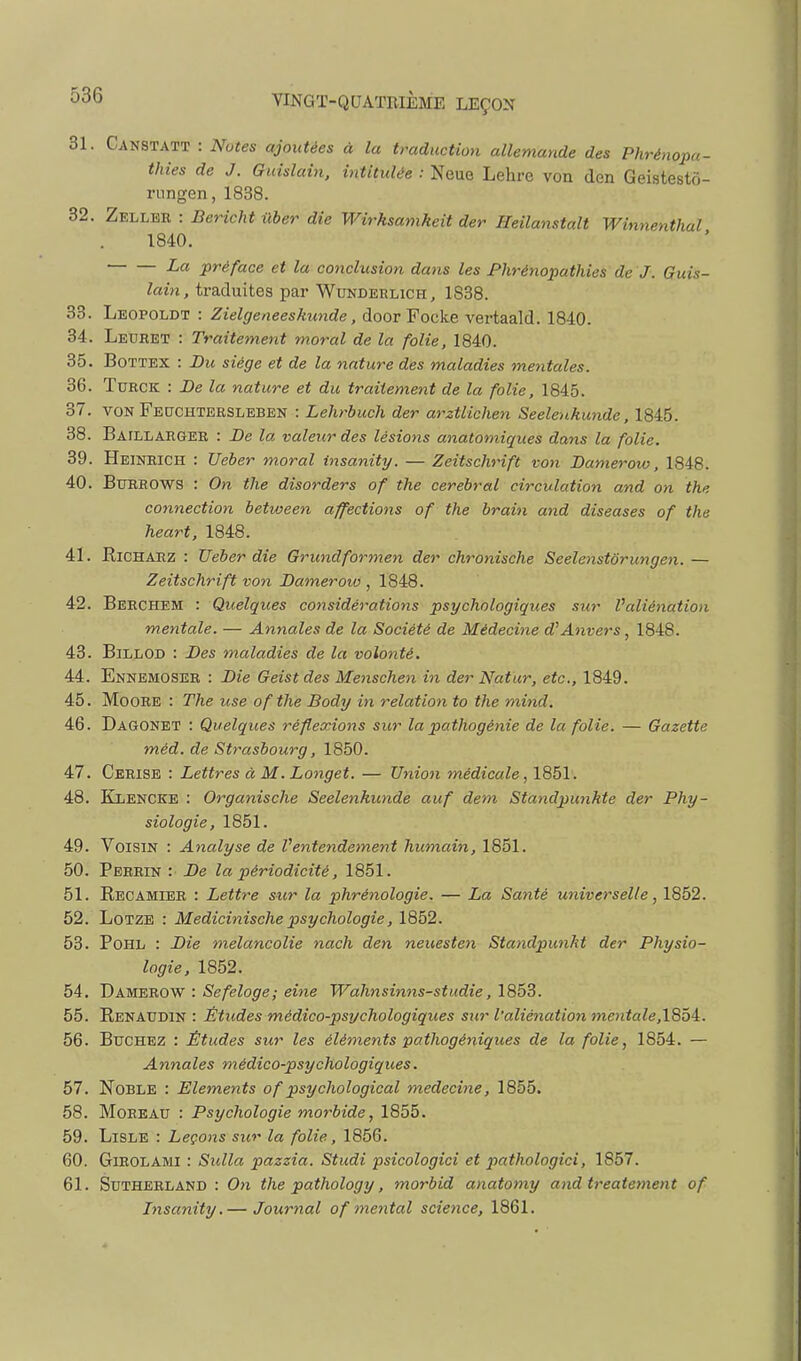 31. Canstatt : Notes ajoutées à la traduction allemande des Phrénopa- thies de J. Guislain, intitulée : Neue Lehre von den Geistestô- riingen, 1838. 32. Zellbr : Berîcht ilber die Wirksamheit der Heilanstalt Winnenthal 1840. La préface et la conclusion dans les Phrénopathias de J. Guis- lain, traduites par Wunderlich, 1838. 33. Leopoldt : Zielgeneeskunde, doorFocke vertaald. 1840. 34. Letjret : Traitement moral de la folie, 1840. 35. BoTTEX : Du siège et de la nature des maladies mentales. 36. TuBCK : De la nature et du traitement de la folie, 1845. 37. VON FEtrCHTERSLEBEN : Lelirhuch der arztlichen Seelenkunde, 1845. 38. Bafllargee : De la valeur des lésions anatomiques dans la folie. 39. Heineich : Ueber moral insanity. — Zeitschrift von Damerow, 1848. 40. Btjebows : On tlie disorders of tlie cérébral circulation and on the connection between affections of the brain and diseuses of the heart, 1848. 41. RiCHAEZ : Ueber die Grundformen der chronische Seelenstôrungen.— Zeitschrift von Dameroio , 1848. 42. Beechem : Quelques considérations psychologiques sur Valiénation mentale. — Annales de la Société de Médecine d'Anvers ^ 1848. 43. BiLLOD : Des maladies de la volonté. 44. Ennemoser : Die Geistdes Menschen in der Natur, etc., 1849. 45. Moore : The use ofthe Body in relation to the mind. 46. Dagonet : Quelques réflexions sur la pathogénie de la folie. — Gazette méd. de Strasbourg, 1850. 47. Cerise : Lettres à M. Longet. — Union médicale, 1851. 48. Klencke : Organische Seelenkunde auf dem Standpunkte der Phy- siologie, 1851. 49. Voisin : Analyse de Ventendement humain, 1851. 50. Peeein : De la périodicité, 1851. 51. Recamier : Lettre sur la phrénologie. — La Santé universelle, 1852. 52. LoTZE : Medicinischepsychologie, 1852. 53. PoHL : Die mélancolie nach den neuesten Standpunht der Physio- logie, 1852. 54. 'DkWERO'Vf : Sefeloge; eine Wahnsinns-studie, 1853. 55. Renaudin : Études médico-psychologiques sur l'aliénation mentale,1854:. 56. Bûchez : Études sur les éléments pathogéniques de la folie, 1854. — Annales médico-psychologiques. 57. Noble : Eléments of psychological médecine, 1855. 58. Moeeau : Psychologie morbide, 1855. 59. LiSLE : Leçons sur la folie, 1856. 60. GiBOLAMi : Sulla pazzia. Studi psicologici et pathologici, 1857. 61. StJTHEELANB : On the pathology, morbid anatomy and treatement of Insanity.— Journal of mental science, 1861.