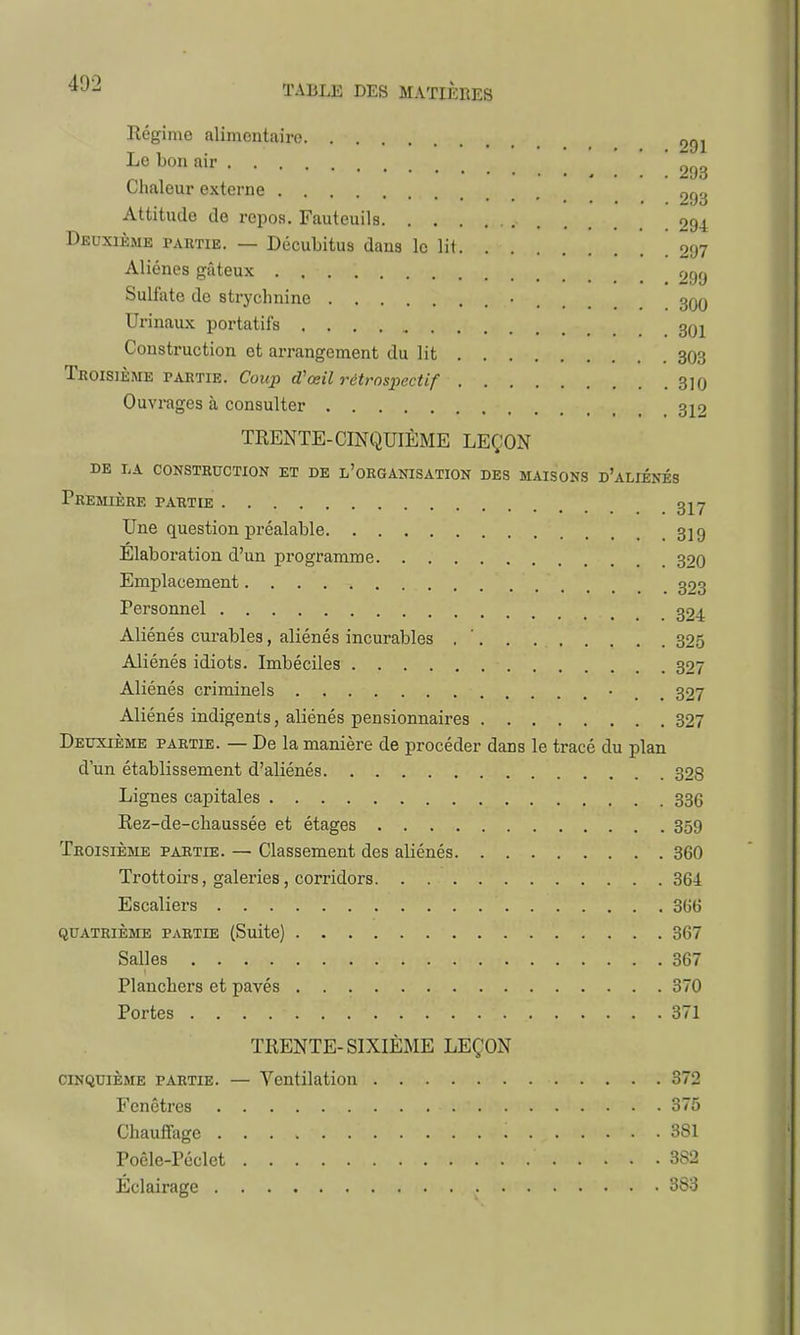 Régime alimentaire ogi Le bon air ' 093 Chaleur externe 293 Attitude de repos. Fauteuils 294 Deuxième partie. — Décubitus dans le lit 297 Aliènes gâteux 299 Sulfate de strychnine • 3qq Urinaux portatifs 301 Construction et arrangement du lit 303 Troisième partie. Coup d''œil rétrospectif 310 Ouvrages à consulter .312 TRENTE-CINQUIÈME LEÇON DE LA CONSTRUCTION ET DE L'ORGANISATION DES MAISONS D'ALIÉNÉS Première partie 317 Une question préalable 319 Élaboration d'un programme 399 Emplacement 393 Personnel 324. Aliénés curables, aliénés incurables 325 Aliénés idiots. Imbéciles 327 Aliénés criminels • 327 Aliénés indigents, aliénés pensionnaires 327 Deuxième partie. — De la manière de procéder dans le tracé du plan d'un établissement d'aliénés 328 Lignes capitales 33G Rez-de-chaussée et étages 359 Troisième partie. — Classement des aliénés 360 Trottoirs, galeries, corridors 364 Escaliers 366 quatrième partie (Suite) 367 Salles . . . 367 Planchers et pavés 370 Portes . . . . - . . Z , \ . 371 TRENTE-SIXIÈME LEÇON cinquième partie. — Ventilation 372 Fenêtres 375 Chauffage 381 Poêle-Péclet 382 Éclairage 383