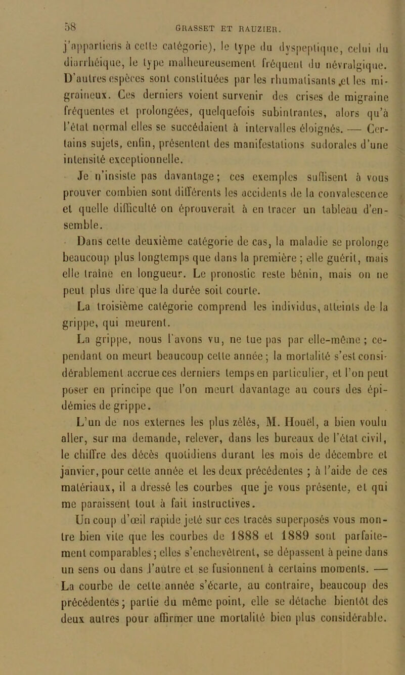 j’fipitarlicns à ccUo caléf^oric), le lype du dyspepli(|uc, celui du diunliôiqtie, le lype malheureusemenl fré(iueiil du iiévialgicpie. D’aulres espèces sont consliluèes parles rliuinalisauls ,el les mi- graineux. Ces derniers voient survenir des crises de migraine fréquentes et prolongées, quelquefois subinlranles, alors qu’à l’étal normal elles se succédaient à intervalles éloignés. — Cer- tains sujets, enfin, présentent des manifestations sudorales d’une intensité exceptionnelle. Je n’insiste pas davantage; ces exemples suflisenl 5 vous prouver combien sont dilTérenls les accidents de la convalescence et quelle difficulté on éprouverait à en tracer un tableau d’en- semble. Dans celle deuxième catégorie de cas, la maladie se prolonge beaucoup plus longtemps que dans la première ; elle guérit, mais elle traîne en longueur. Le pronostic reste bénin, tnais on ne peut plus dire que la durée soit courte. La troisième catégorie comprend les individus, atteints de la grippe, qui meurent. La grippe, nous l'avons vu, ne lue pas par elle-même; ce- pendant on meurt beaucoup celle année; la mortalité s’est consi- dérablement accrue ces derniers temps en particulier, et l’on peut poser en principe que l’on meurt davantage au cours des épi- démies de grippe. L’un de nos externes les plus zélés, M. Ilouêl, a bien voulu aller, sur ma demande, relever, dans les bureaux de l’état civil, le cbiiïre des décès quotidiens durant les mois de décembre et janvier, pour cette année et les deux précédentes ; à l’aide de ces matériaux, il a dressé les courbes que je vous présente, et qui me paraissent tout à fait instructives. Un coup d’œil rapide jeté sur ces tracés superposés vous mon- tre bien vite que les courbes de 1888 et 1889 sont parfaite- ment comparables ; elles s’enchevêtrent, se dépassent à peine dans un sens ou dans l’autre et se fusionnent à certains moments. — La courbe de celle année s’écarte, au contraire, beaucoup des précédentes; partie du môme point, elle se détache bientôt des deux autres pour affirmer une mortalité bien plus considérable.