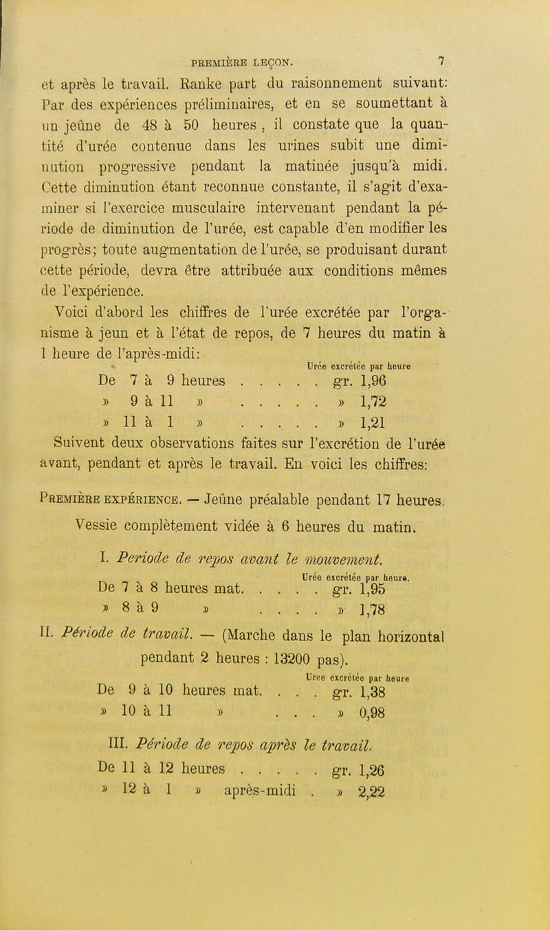 et après le travail. Ranke part du raisonnement suivant: Par des expériences préliminaires, et en se soumettant à nn jeûne de 48 à 50 heures , il constate que la quan- tité d'urée contenue dans les urines subit une dimi- nution progressive pendant la matinée jusqu'à midi. Cette diminution étant reconnue constante, il s'agit d'exa- miner si l'exercice musculaire intervenant pendant la pé- riode de diminution de l'urée, est capable d'en modifier les progrès; toute augmentation de l'urée, se produisant durant cette période, devra être attribuée aux conditions mêmes de l'expérience. Voici d'abord les chiffres de l'urée excrétée par l'orga- nisme à jeun et à l'état de repos, de 7 heures du matin à 1 heure de l'après-midi: Urée eicrélée par heure De 7 à 9 heures gr. 1,96 )) 9 à 11 )) » 1,72 » 11 à 1 » » 1,21 Suivent deux observations faites sur l'excrétion de l'urée avant, pendant et après le travail. En voici les chiffres: Première expérience. — Jeûne préalable pendant 17 heures. Vessie complètement vidée à 6 heures du matin. 1. Période de re;pos avant le mouvement. Urée excrétée par heurs. De 7 à 8 heures mat gr. 1,95 » 8 à 9 » .... » 1,78 II. Période de travail. — (Marche dans le plan horizontal pendant 2 heures : 13200 pas). Urce excrétée par heure De 9 à 10 heures mat. . . . gr. 1,38 » 10 à 11 )) ...» 0,98 III. Période de repos après le travail. De 11 à 12 heures gr. 1,26 3> 12 à 1 » après-midi . j) 2,22