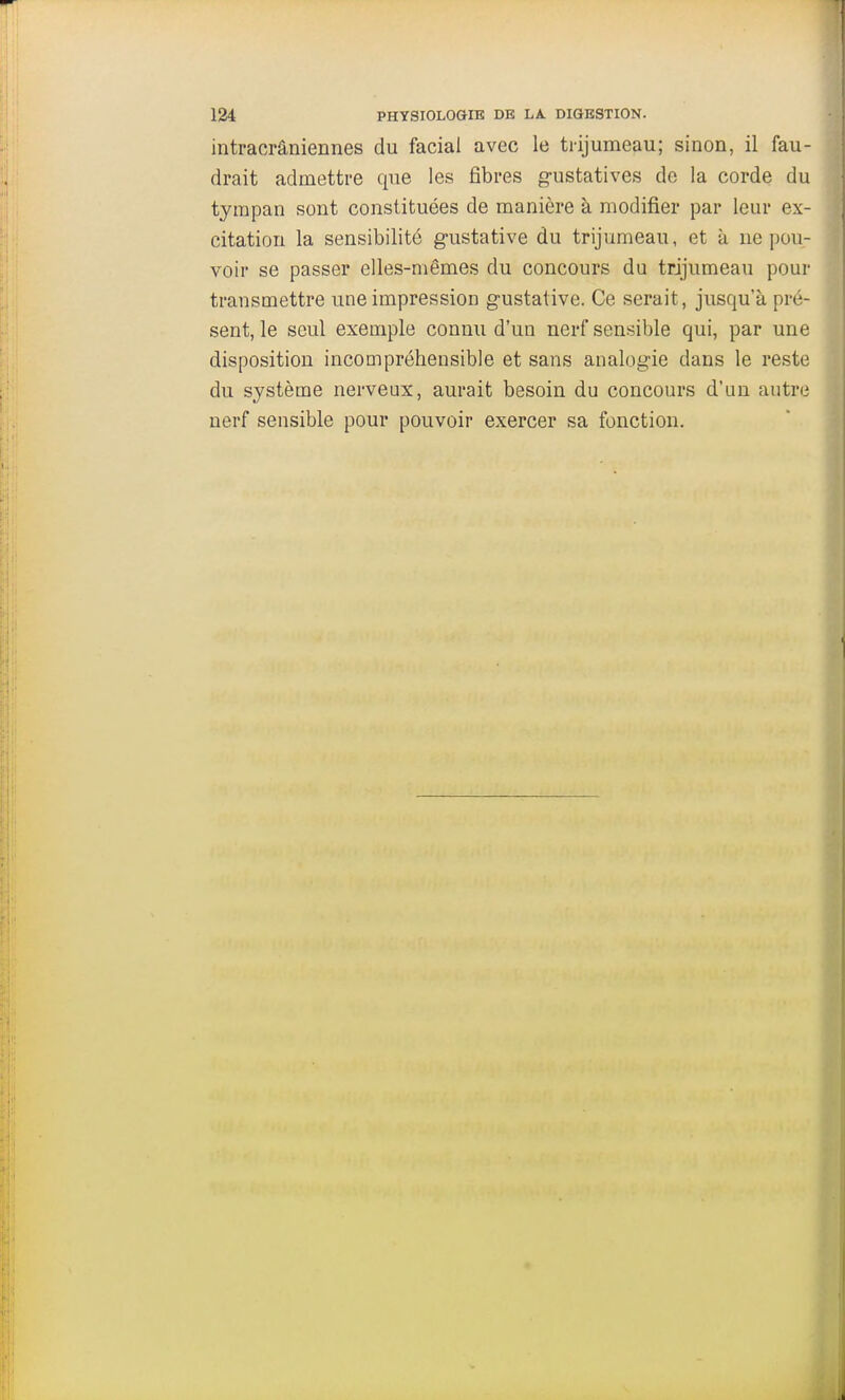 intracrâniennes du facial avec le trijumeau; sinon, il fau- drait admettre que les fibres gustatives de la corde du tympan sont constituées de manière à modifier par leur ex- citation la sensibilité gustative du trijumeau, et k ne pou- voir se passer elles-mêmes du concours du trijumeau pour transmettre une impression g-ustative. Ce serait, jusqu'à pré- sent, le seul exemple connu d'un nerf sensible qui, par une disposition incompréhensible et sans analogie dans le reste du système nerveux, aurait besoin du concours d'un autre nerf sensible pour pouvoir exercer sa fonction.