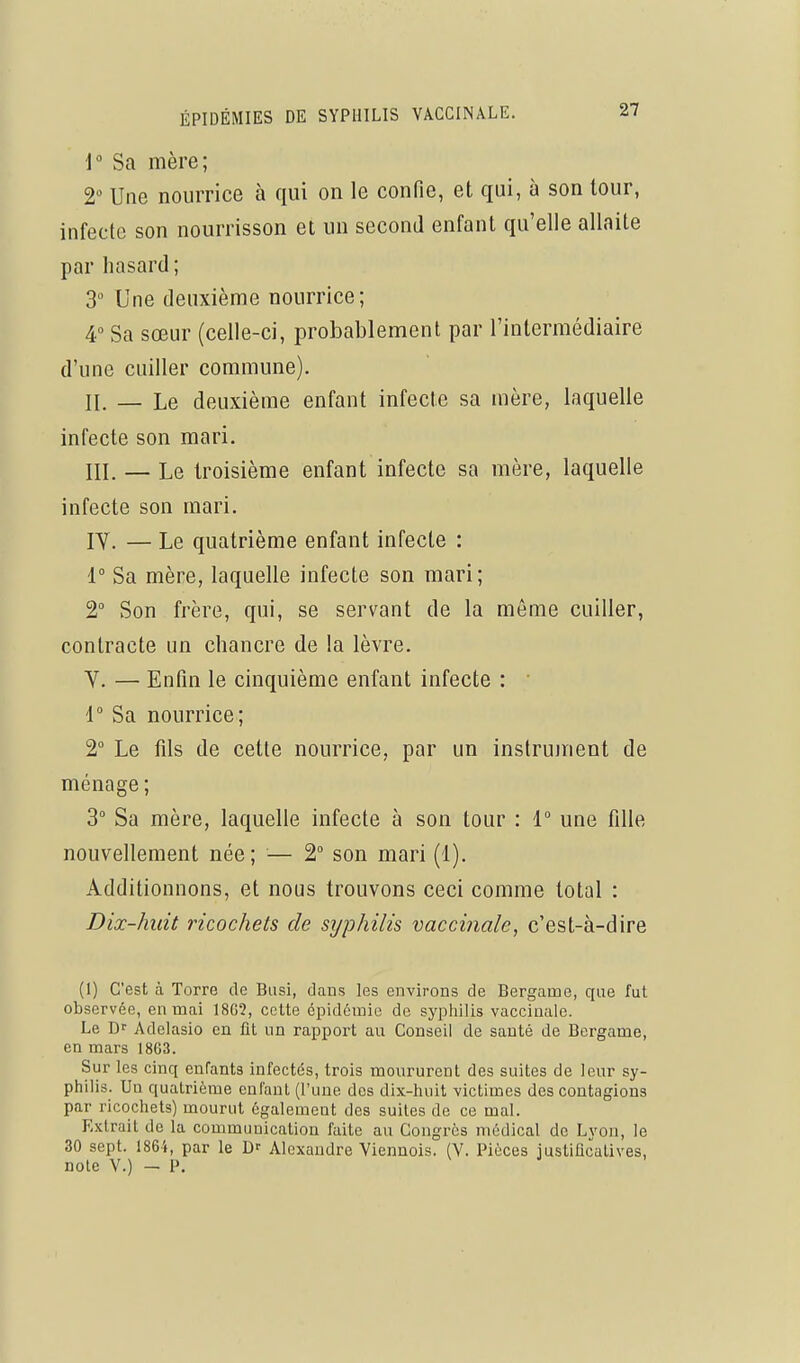 ■l Sa mère; 2 Une nourrice à qui on le confie, et qui, à son tour, infecte son nourrisson et un second enfant qu'elle allaite par hasard; 3° Une deuxième nourrice; 4 Sa sœur (celle-ci, probablement par l'intermédiaire d'une cuiller commune). II. — Le deuxième enfant infecte sa mère, laquelle infecte son mari. III. — Le troisième enfant infecte sa mère, laquelle infecte son mari. IV. — Le quatrième enfant infecte : 1° Sa mère, laquelle infecte son mari; 2° Son frère, qui, se servant de la même cuiller, contracte un chancre de la lèvre. Y. — Enfin le cinquième enfant infecte : ' i° Sa nourrice; 2° Le fils de cette nourrice, par un instrument de ménage ; 3° Sa mère, laquelle infecte à son tour : 1° une fille nouvellement née ; — 2° son mari (1). Additionnons, et nous trouvons ceci comme total : Dix-huit ricochets de syphilis vaccinale, c'est-à-dire (1) C'est à Torre de Biisi, dans les environs de Bergame, que fut observée, en mai 18G2, cette épidémie de sypiiilis vaccinale. Le D^ Adelasio en lit un rapport au Conseil de sauté de Bergame, en mars 1863. Sur les cinq enfants infectés, trois moururent des suites de leur sy- philis. Un quatrième enfant (l'une des dix-huit victimes des contagions par ricochets) mourut également des suites de ce mal. Extrait de la communication faite au Congrès médical de Lyon, le 30 sept. 186-4, par le Df Alexandre Viennois. (Y. Pièces iustlfîcalives, noie V.) - P.