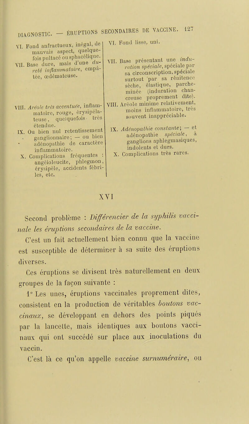 VI Fond anfractueux, inégal, de mauvais aspect, quelque- fois pultacé ou sphacclique. VII. Base dure, mais d'une du- relé inflammatoire, empa- lée, œdémateuse. VIII IX Arëole très accentuée, inflam- matoire, rouge, érysipéla- teuse, quelquefois très étendue. Ou bien nul retentissement ganglionnaire; — ou bien adéuopathie de caractère inflammatoire. X. Complications fréquentes : angcioleucite, phlegmon, érysipèle, accidents fébri- les, etc. VI. Fond lisse, uni. VII. Base présentant une indu- ration spéciale, spéciale par sa circonscription, spéciale surtout par sa rénitence sèche, élastique, parche- minée (induration chan- creuse proprement dite). VIII. Aréole minime relativement, moins inflammatoire, très souvent inappréciable. IX. Adénopailiie constante; — et adénopathie spéciale, à ganglions aphlegmasiques, indolents et durs. X. Complications très rares. XVI Second problème : Différencier de la syphilis vacci- nale les éruptions secondaires de la vaccine. C'est un fait actuellement bien connu que la vaccine est susceptible de déterminer à sa suite des éruptions diverses. Ces éruptions se divisent très naturellement en deux groupes de la façon suivante : 1 Les unes, éruptions vaccinales proprement dites, consistent en la production de véritables boutons vac- cinaux, se développant en dehors des points piqués par la lancelte, mais identiques aux boulons vacci- naux qui ont succédé sur place aux inoculations du vaccin. C'est là ce qu'on appelle vaccine surnuméraire., ou