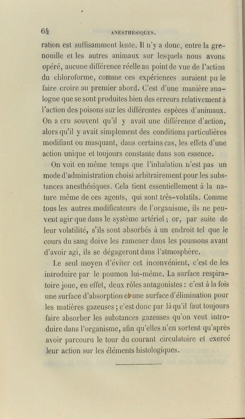 6/| ration est suffisamment lente. 11 n’y a donc, entre la gre- nouille et les autres animaux sur lesquels nous avons opéré, aucune différence réelle au point de vue de l’action du chloroforme, comme ces expériences auraient pu le faire croire au premier abord. C’est d’une manière ana- logue que se sont produites bien des erreurs relativement a l'action des [toisons sur les différentes espèces d’animaux. On a cru souvent qu’il y avait une différence d’action, alors qu’il y avait simplement des conditions particulières modifiant ou masquant, dans certains cas, les effets d’une action unique et toujours constante dans son essence. On voit en même temps que l’inhalation n’est pas un mode d’administration choisi arbitrairement pour les subs- tances anesthésiques. Cela tient essentiellement à la na- ture même de ces agents, qui sont très-volatils. Comme tous les autres modificateurs de l’organisme, ils ne peu- vent agir que dans le système artériel ; or, par suite de leur volatilité, s’ils sont absorbés à un endroit tel que le cours du sang doive les ramener dans les poumons avant d’avoir agi, ils se dégageront dans l’atmosphère. Le seul moyen d’éviter cet inconvénient, c’est de les introduire par le poumon lui-même. La surface respira- toire joue, en effet, deux rôles antagonistes : c’est à la fois une surface d’absorption efr une surface d’élimination pour les matières gazeuses ; c’est donc par là qu’il faut toujours faire absorber les substances gazeuses qu’on veut intro- duire dans l’organisme, afin qu’elles n’en sortent qu’après avoir parcouru le tour du courant circulatoire et exercé leur action sur les éléments histologiques.