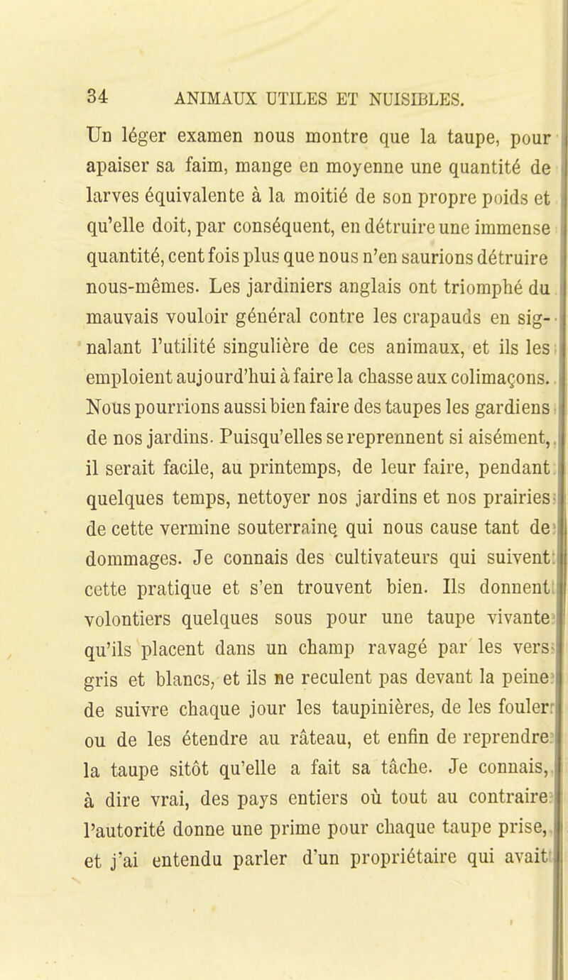 Un léger examen nous montre que la taupe, pour' apaiser sa faim, mange en moyenne une quantité de larves équivalente à la moitié de son propre poids et qu'elle doit, par conséquent, en détruire une immense quantité, cent fois plus que nous n'en saurions détruire nous-mêmes. Les jardiniers anglais ont triomphé du. mauvais vouloir général contre les crapauds en sig- • nalant l'utilité singulière de ces animaux, et ils les ; emploient aujourd'hui à faire la chasse aux colimaçons.. Nous pourrions aussi bien faire des taupes les gardiens i de nos jardins. Puisqu'elles se reprennent si aisément,, il serait facile, au printemps, de leur faire, pendant: quelques temps, nettoyer nos jardins et nos prairiesî de cette vermine souterraine, qui nous cause tant deî dommages. Je connais des cultivateurs qui suiventt cette pratique et s'en trouvent bien. Ils donuenti volontiers quelques sous pour une taupe vivante; qu'ils placent dans un champ ravagé par les vers? gris et blancs; et ils ne reculent pas devant la peine; de suivre chaque jour les taupinières, de les foulerr ou de les étendre au râteau, et enfin de reprendre? la taupe sitôt qu'elle a fait sa tâche. Je connais,, à dire vrai, des pays entiers où tout au contraire? l'autorité donne une prime pour chaque taupe prise,, et j'ai entendu parler d'un propriétaire qui avait;