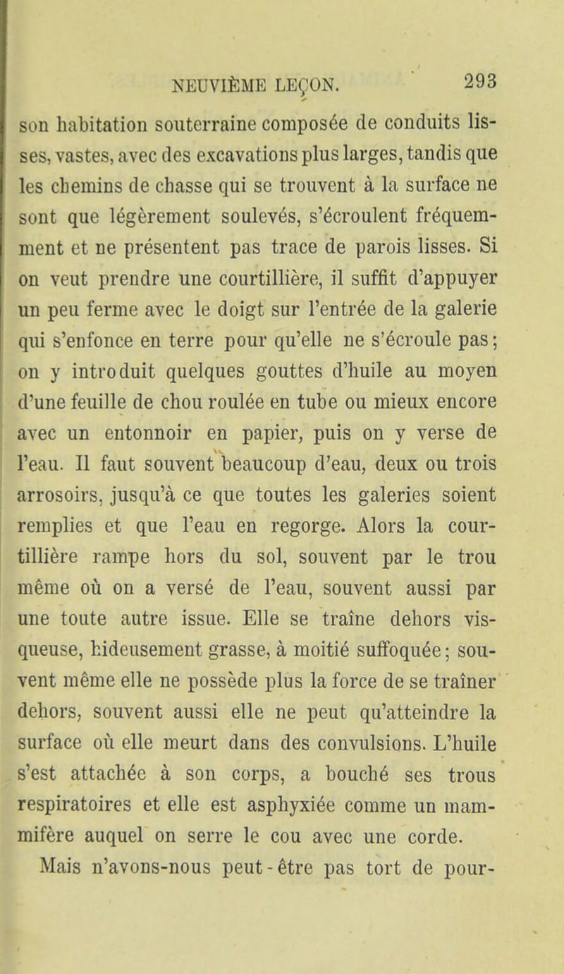 son habitation souterraine composée de conduits lis- ses, vastes, avec des excavations plus larges, tandis que les chemins de chasse qui se trouvent à la surface ne sont que légèrement soulevés, s'écroulent fréquem- ment et ne présentent pas trace de parois lisses. Si on veut prendre une courtillière, il suffit d'appuyer un peu ferme avec le doigt sur l'entrée de la galerie qui s'enfonce en terre pour qu'elle ne s'écroule pas ; on y introduit quelques gouttes d'huile au moyen d'une feuille de chou roulée en tube ou mieux encore avec un entonnoir en papier, puis on y verse de l'eau. Il faut souvent beaucoup d'eau, deux ou trois arrosoirs, jusqu'à ce que toutes les galeries soient remplies et que l'eau en regorge. Alors la cour- tillière rampe hors du sol, souvent par le trou même où on a versé de l'eau, souvent aussi par une toute autre issue. Elle se traîne dehors vis- queuse, hideusement grasse, à moitié suffoquée ; sou- vent même elle ne possède plus la force de se traîner dehors, souvent aussi elle ne peut qu'atteindre la surface oii elle meurt dans des convulsions. L'huile s'est attachée à son corps, a bouché ses trous respiratoires et elle est asphyxiée comme un mam- mifère auquel on serre le cou avec une corde. Mais n'avons-nous peut-être pas tort de pour-