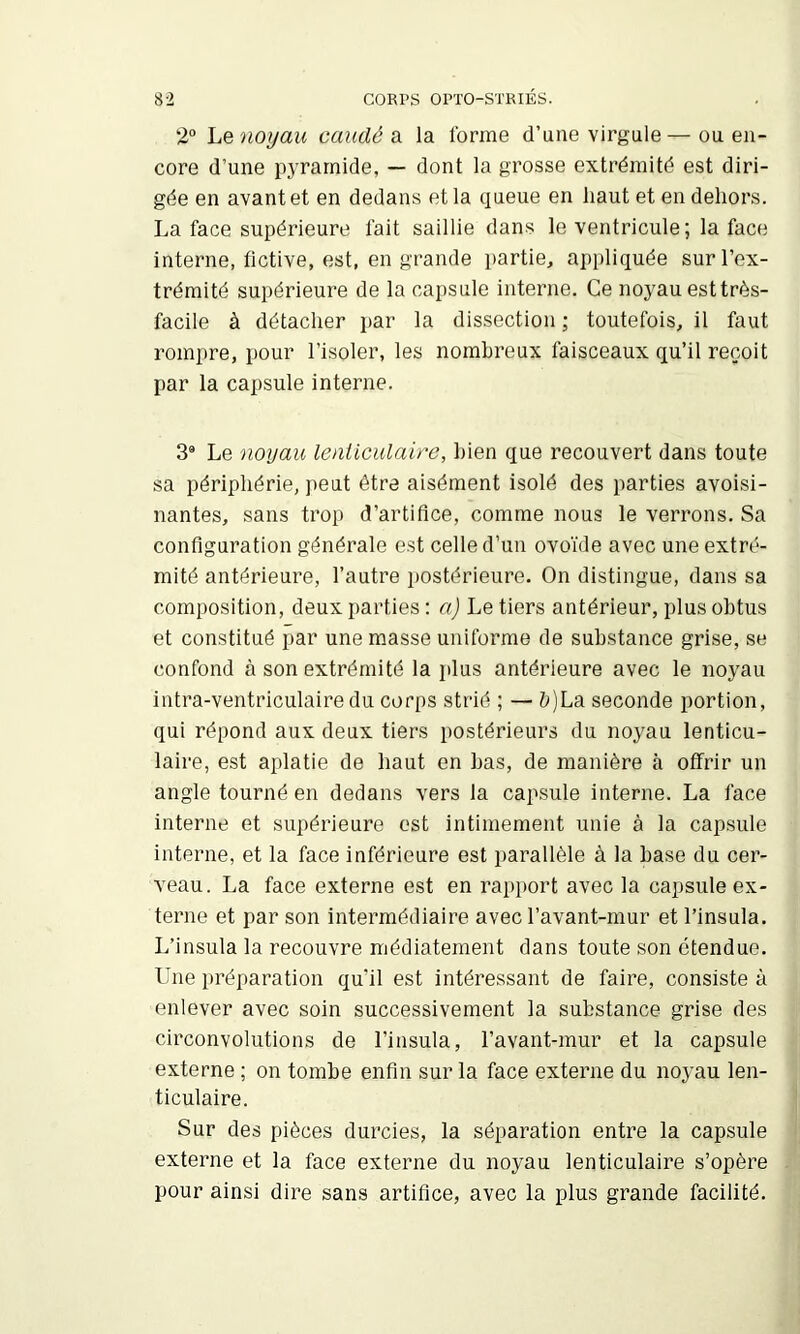 2“ hQ noyau caudé a. la forme d’une virgule—ou en- core d’une pyramide, — dont la grosse extrémité est diri- gée en avant et en dedans et la queue en haut et en dehors. La face supérieure fait saillie dans le ventricule ; la face interne, fictive, est, en grande partie, appliquée sur l’ex- trémité supérieure de la capsule interne. Ce noyau esttrès- facile à détacher par la dissection ; toutefois, il faut rompre, pour l’isoler, les nombreux faisceaux qu’il reçoit par la capsule interne. 3® Le noyau lenticulaire, bien que recouvert dans toute sa périphérie, peut être aisément isolé des parties avoisi- nantes, sans trop d’artifice, comme nous le verrons. Sa configuration générale est celle d’un ovoïde avec une extré- mité antérieure, l’autre postérieure. On distingue, dans sa composition, deux parties : «J Le tiers antérieur, plus obtus et constitué par une masse uniforme de substance grise, se confond à son extrémité la plus antérieure avec le noyau intra-ventriculairedu corps strié ; — &)La seconde portion, qui répond aux deux tiers postérieurs du noyau lenticu- laire, est aplatie de haut en bas, de manière à offrir un angle tourné en dedans vers la capsule interne. La face interne et supérieure est intimement unie à la capsule interne, et la face inférieure est parallèle à la base du cer- veau. La face externe est en rapport avec la capsule ex- terne et par son intermédiaire avec l’avant-mur et l’insula. L’insula la recouvre médiatement dans toute son étendue. Une préparation qu’il est intéressant de faire, consiste à enlever avec soin successivement la substance grise des circonvolutions de l’insula, l’avant-mur et la capsule externe ; on tombe enfin sur la face externe du noyau len- ticulaire. Sur des pièces durcies, la séparation entre la capsule externe et la face externe du noyau lenticulaire s’opère pour ainsi dire sans artifice, avec la plus grande facilité.