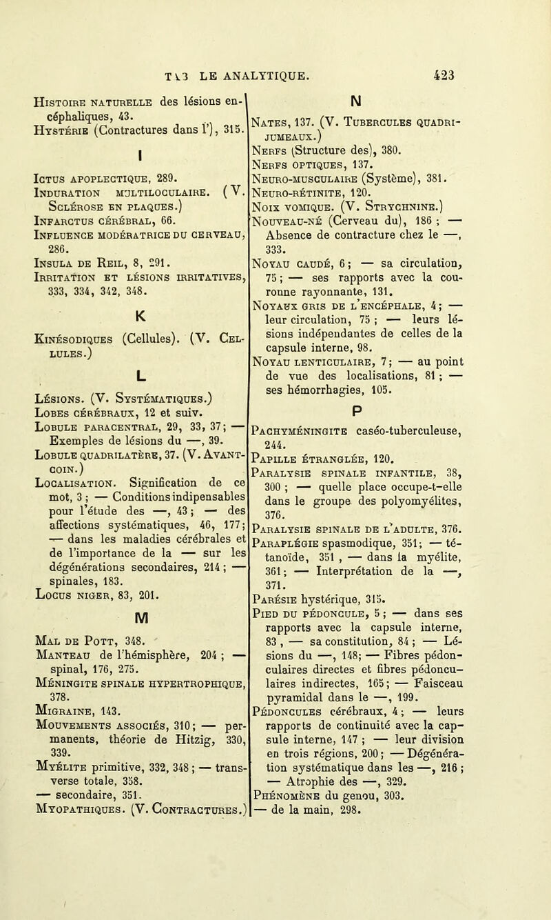 Histoire naturelle des lésions en- céphaliques, 43. Hystérie (Contractures dans Ù), 315. I Ictus apoplectique, 289. Induration multiloculaire. ( V. Sclérose en plaques.) Infarctus cérébral, 66. Influence modératrice du cerveau, 286. Insula de Reil, 8, 291. Irritation et lésions irritatives, 333, 334, 342, 348. K Kinésodiques (Cellules). (V. Cel- lules.) L Lésions. (V. Systématiques.) Lobes cérébraux, 12 et suiv. Lobule paracentral, 29, 33, 37; — Exemples de lésions du —, 39. Lobule quadrilatère, 37. (V. Avant- coin.) Localisation. Signification de ce mot, 3 ; — Conditions indipensables pour l’étude des —, 43 ; — des affections systématiques, 46, 177; — dans les maladies cérébrales et de l’importance de la — sur les dégénérations secondaires, 214 ; — spinales, 183. Locus NItîER, 83, 201. M Mal de Pott, 348. Manteau de l’hémisphère, 204 ; — spinal, 176, 275. Méningite spinale hypertrophique, 378. Migraine, 143. Mouvements associés, 310; — per- manents, théorie de Hitzig, 330, 339. Myélite primitive, 332, 348 ; — trans- verse totale, 358. — secondaire, 351. Myopathiqües. (V. Contractures.) IM Nates, 137. (V. Tubercules quadri- jumeaux.) Nerfs (Structure des), 380. Nerfs optiques, 137. Neuro-musculaire (Système), 381. Neuro-rétinite, 120. Noix vomique. (V. Strychnine.) Nouveau-né (Cerveau du), 186 ; — Absence de contracture chez le —, 333. Noyau caudé, 6; — sa circulation, 75 ; — ses rapports avec la cou- ronne rayonnante, 131. Noyaux gris de l’encéphale, 4 ; — leur circulation, 75 ; — leurs lé- sions indépendantes de celles de la capsule interne, 98. Noyau lenticulaire, 7 ; — au point de vue des localisations, 81 ; — ses hémorrhagies, 105. P Pachyméningite caséo-tuberculeuse, 244. Papille étranglée, 120. Paralysie spinale infantile, 38, 300 ; — quelle place occupe-t-elle dans le groupe des polyomyélites, 376. Paralysie spinale de l’adulte, 376. Paraplégie spasmodique, 351; —té- tanoïde, 351 , — dans la myélite, 361 ; — Interprétation de la —, 371. Parésie hystérique, 315. Pied du pédoncule, 5 ; — dans ses rapports avec la capsule interne, 83 , — sa constitution, 84 ; — Lé- sions du —, 148; — Fibres pédon- culaires directes et fibres pédoncu- laires indirectes, 165 ; — Faisceau pyramidal dans le —, 199. Pédoncules cérébraux, 4 ; — leurs rapports de continuité avec la cap- sule interne, 147 ; — leur division en trois régions, 200 ; — Dégénéra- tion systématique dans les —, 216 ; — Atrophie des —, 329. Phénomène du genou, 303. — de la main, 298.