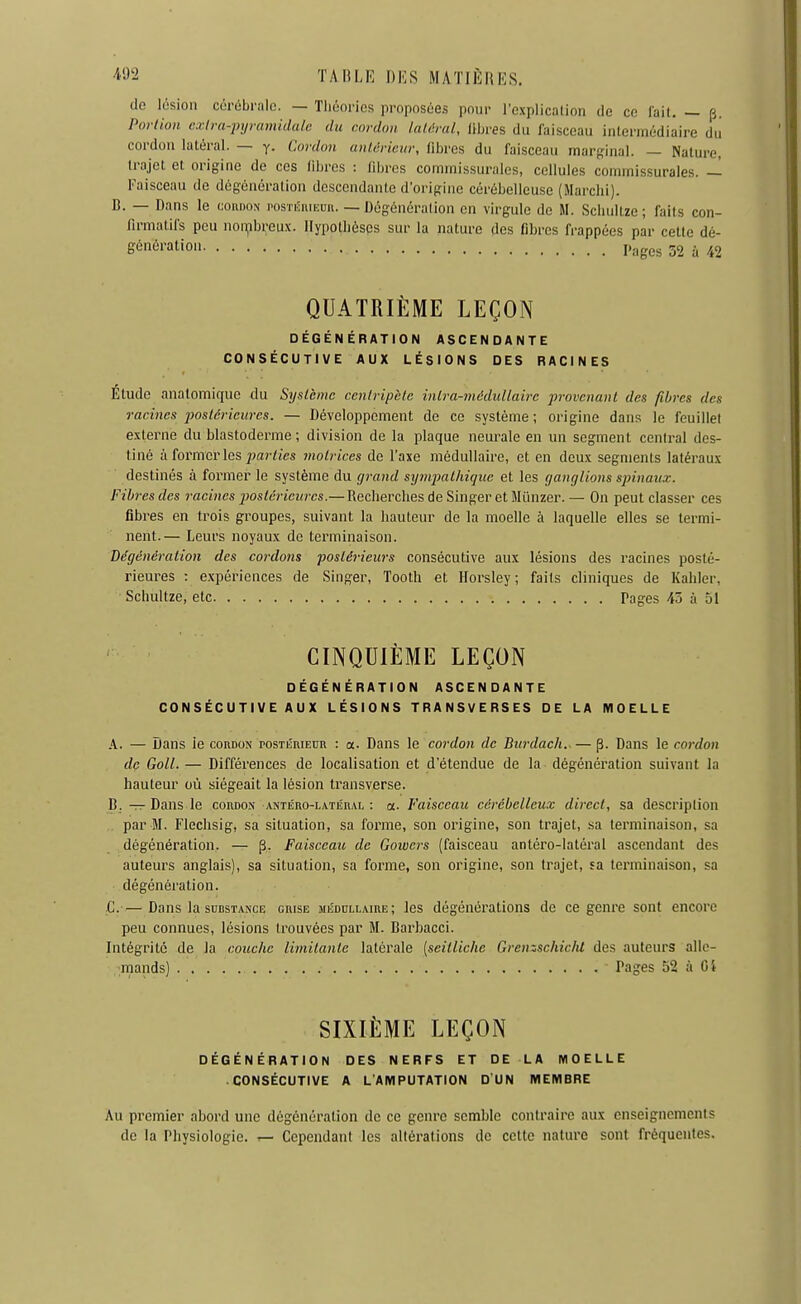 do lésion cérébrale. — Théories proposées pour l'explication de ce fait, — p. Portion cxira-pyramidalc du cordon latéral, libres du faisceau intei'inédiaire du cordon latéral. — y. lAmlon antérieur, fibres du faisceau marginal. — Nature, trajet et origine de ces libres : fibres commissurales, cellules commissurales. — Faisceau de dôgénéralion descendante d'origine cérébelleuse (Marclii). B. — Dans le cordon i-osiiîmEun. — Dégénéralion en virgule de M. Schultze ; fails con- firmatifs peu non(ibreux. Ilypotliôsps sur la nature des fibres frappées par cette dé- génération Pages 52 à 42 QUATRIÈME LEÇON DÉGÉNÉRATION ASCENDANTE CONSÉCUTIVE AUX LÉSIONS DES RACINES Étude analomique du Système centripète intra-médullairc provenant des fibres des racines postérieures. — Développement de ce système ; origine dans le feuillet externe du blastoderme ; division de la plaque neurale en un segment central des- tiné à former les ^wj'/tes motrices de l'axe médullaire, et en deux segments latéraux destinés à former le système du grand sympathique et les ganglions spinaux. Fibres des racines j)ostérieitres.— Recherches de Singer et Mïmzer.— On peut classer ces fibres en trois groupes, suivant la hauteur de la moelle à laquelle elles se termi- nent.— Leurs noyaux de terminaison. Dégénéralion des cordons postérieurs consécutive aux lésions des racines posté- rieures : expériences de Singer, Tooth et Horsley ; fails cliniques de Kahler, Schultze, etc Pages 43 à 51 CINQUIÈME LEÇON DÉGÉNÉRATION ASCENDANTE CONSÉCUTIVE AUX LÉSIONS TRANSVERSES DE LA MOELLE A. — Dans ie cordon rosTÉniEnR : a. Dans le cordon de Burdach.. — p. Dans le cordon de Goll. — Différences de localisation et d'étendue de la dégénération suivant la hauteur où siégeait la lésion transverse. B. — Dans le cordon antéro-latéral : «. Faisceau cérébelleux direct, sa description par M. Flechsig, sa situation, sa forme, son origine, son trajet, sa terminaison, sa dégénération. — p. Faisceatt de Gowei-s (faisceau antéro-latéral ascendant des auteurs anglais), sa situation, sa forme, son origine, son trajet, sa terminaison, sa dégénération. C. — Dans la SUBSTANCE crise miîdullaire ; les dégénérations de ce genre sont encore peu connues, lésions trouvées par M. Barbacci. Intégrité de la couche limitante latérale [seitliche Grenzschicht des auteurs alle- mands) Pages 52 à Cl SIXIÈME LEÇON DÉGÉNÉRATION DES NERFS ET DE LA MOELLE CONSÉCUTIVE A L'AMPUTATION D'UN MEMBRE Au premier abord une dégénération de ce genre semble contraire aux enseignements de la Physiologie, r- Cependant les altérations de cette nature sont fréquentes.