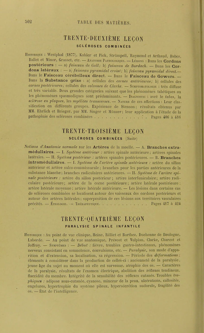 TRENTE-DEUXIÈME LEÇON SCLÉROSES COMBINÉES IIisToniQUE : Weslphal (1877), Kaliler et Pick, Strihnpell, Raymond et Arlliaud, Babop, BaUet et Minor, Grasset, etc. — Axatomik Patiioi.ociqui:. — Liisiovs : Dans les Cordons postérieurs : — a) faisceau de Goll; b) faisceau de Burdach. — Dans les Cor- dons latéraux ; — a} faisceau pyramidal croisé; b) faisceau pyramidal divecL— Dans le Faisceau cérébelleux direct. — Dans le Faisceau de Gowers. — Dans la Substance grise : a) cellules des cornes anléricuves; b) cellules des cornes posterieiires; cellules des colonnes de Clarl,e. — Sy.MrroMAToi.oGiK : très di/Tuse et très variable. Deux grandes catégories suivant que les phénomènes tabétiques ou les phénomènes spasmodiques sont prédominants. — Diagnostic : avec le tabès, la sclérose en plaques, les myélites transverses. — Natcre de ces alfeclions : Leur clas- sification en différents groupes. Expérience de Stenson; résultats obtenus par MM. Ehrlich et Brieger, par M5I. Singer et Miinzer; leur application à l'étude de la pathogénie des scléroses combinées . Pages 400 à 410 TRENTE-TROISIÈME LEÇON SCLÉROSES COMBINÉES [Suite] Notions d'Analomie normale sur les Artères de la moelle. — A. Branches extra- médullaires. — I. Système antérieur : artère spinale antérieure ; artères spinales latérales. — II. Systè.me postérieur : artères spinales postérieures. — B. Breinches intramédullaires. — 1. Système de l'artère spinale anténeure : artère du sillon antérieur et artère sulco-commissurale ; branches pour les parties antérieures delà substance blanche; branches radiculaires antérieures. —II. Système de l'artère spi- nale postérieure : artère du sillon postérieur; artère interfuniculaire; artère radi- culaire postérieure ; artère de la corne postérieure ; artère latérale postérieure : artère latérale moyenne ; artère latérale antérieure. — Les lésions dans certains cas de scléroses combinées se localisent autour des vaisseaux des cordons postérieurs et autour des artères latérales ; superposition de ces lésions aux territoires vasculaires précités. — Étioi.ocie. •— TiiÉnAPEnTiQniî Pages 417 à 424 TRENTE-QUATRIÈME LEÇON PARALYSIE SPINALE INFANTILE HisToniQUE : Au point de vue clinique, Heine, Rillict et Barlliez, Duchenne de Boulogne, Laborde. — Au point de vue anatomique, Prévost et Vulpian, Clarke, Charcot et .Tofiroy. — Svmttôjies : — Début : fièvre, troubles gastro-intestinaux, phénomènes nerveux consistant en somnolence, convulsions, etc. — Paralysie, son mode d'appa- rition et d'extension, sa localisation, sa régression. — Période des déformations : éléments à considérer dans la production de celles-ci : ancienneté de la paralysie, jeune âge du sujet au moment oi'i elle est survenue, atrophie des os. — Caractères de la paralysie, résultats de l'examen électrique, abolition des réflexes tendineux, flaccidité du membre. Intégrité de la sensibilité des réflexes cutanés. Troubles Iro- phiques : adipose sous-cutanée, cyanose, minceur de la peau, ulcérations, callosilés. engelures, hypertrophie du système pileux, hypersécrétion sudoralo, fragilité des os. —État de l'inlclligcnce.