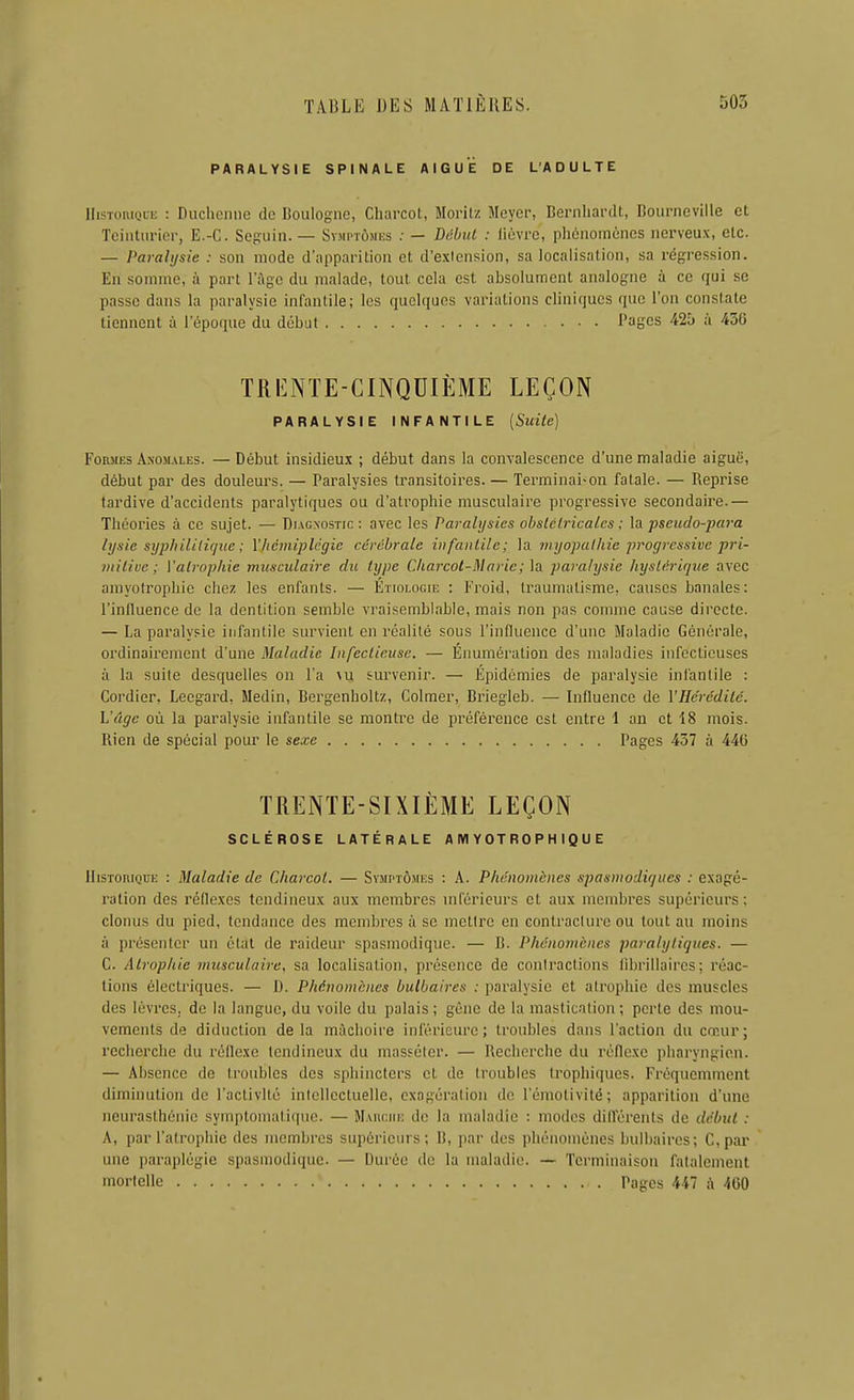 PARALYSIE SPINALE AIG U É DE L'ADULTE lIisToniQiE : Duchenne de Boulogne, Charcot, Morilz Meycr, Bernliardt, Boiirneville et Tciiitiirior, E.-C. Seguin. — Symptùmks .• — Di-lmt : lièvre, phénomènes nerveux, etc. — Paralysie : son mode d'apparition et d'extension, sa localisation, sa régression. En somme, à part l'âge du malade, tout cola est absolument analogue à ce qui se passe dans la paralysie infantile; les quelques variations cliniques que l'on constate tiennent à l'épocpie du début Pages 425 à 436 tri:nte-cinqdième leçon PARALYSIE INFANTILE [Suite) FoiuiEs Anomales. — Début insidieux ; début dans la convalescence d'une maladie aiguë, début par des douleurs. — Paralysies transitoires. — Terminai-on fatale. — Reprise tardive d'accidents paralytiques ou d'atrophie musculaire progressive secondaire.— Théories à ce sujet. — Di.vcnostic : avec les Parahisies ohslétricalcs ; pseudo-para lysie syphililiquc ; l'hcmiplcgie cérébrale infanlile; la iiryopallne progressive pri- iiiilivc ; Valrophie musculaire du type Cliarcol-Maric; la paralysie hystérique avec amyotropliie chez les enfants. — Etiologie : Froid, traumatisme, causes banales: l'inlluence de la dentition semble vraisemblable, mais non pas comme cause directe. — La paralysie infantile survient en réalité sous l'influence d'une Maladie Générale, ordinairement d'une Maladie Infectieuse. — Énumération des maladies infectieuses à la suite desquelles on l'a \u survenir. — Épidémies de paralysie inlantile : Cordier, Leegai-d, Medin, Bergenholtz, Colmer, Briegleb. — Influence de l'Hérédité. Vâge où la paralysie infantile se montre de préférence est entre 1 an et 18 mois. Rien de spécial pour le sexe Pages 437 à 446 TRENTE-SIXIÈME LEÇON SCLÉROSE LATÉRALE A tW Y OT R 0 P H IQ U E IliSToniQUE : Maladie de Charcot. — Symptômes : A. Phénomènes spasmodirjues : exagé- ration des réllexes tendineux aux membres mférieurs et aux membres supérieurs ; clonus du pied, tendance des membres à se mettre en contracture ou tout au moins à présenter un étal de raideur spasmodique. — B. Phénomènes paralytiques. — G. Atrophie musculaire, sa localisation, présence de contractions librillaii'cs ; réac- tions électriques. — D. Phénomènes bulbaires : paralysie et atrophie des muscles des lévreS; de la langue, du voile du palais ; gène de la masticnlion ; perle des mou- vements de diduction delà mâchoire inférieure; troubles dans l'action du cœur; recherche du réflexe tendineux du masséter. — Recherche du réflexe pharyngien. — Absence de troubles des sphincters et de troubles trophiques. Fréquemment diminution de l'activité intellectuelle, exagération do l'émotivité; apparition d'une neurasthénie symptomatique. — JUiiciii: de la maladie : modes différents de début : A, par l'atrophie des membres supérieurs; B, par des phénomènes bulbaires; G,par une paraplégie spasmodique. — Durée de la maladie. — Terminaison fatalement mortelle Pages 447 à 460