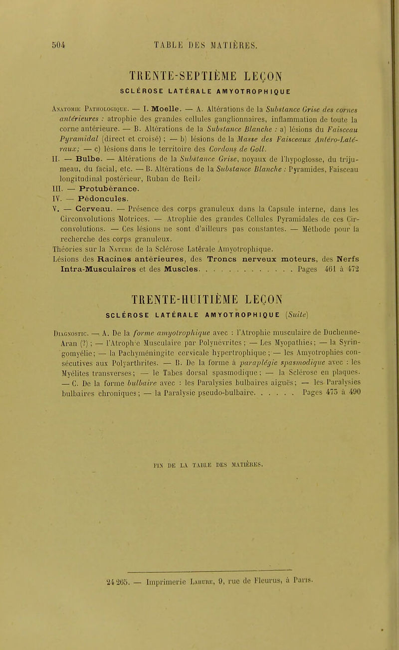 TRENTE-SEPTIÈME LEÇON SCLÉROSE LATÉRALE A IW Y OT RO P H I Q U E A.NATOjiin Patiiui.ogiquk. — I. Moellc. — A. Alléralioiis de la Substance Griae des cornes anlérieures : atrophie des grandes cellules gann:lionnaires, inllamirialion de toute la corne antérieure. — B. Altérations de la Substance Blanche : a) lésions du Faisceau Pyramidal (direct et croisé) ; — b) lésions de la Masse des Faisceaux Anlcro-Laté- rnux; — c) lésions dans le territoire des Cordons de Coll. II- — Bulbe. — Altérations de la Substance Grise, noyaux de l'iiypoglosse, du triju- meau, du l'acial, etc. —B. Altérations de la Substance Blanche : Pyramides, Faisceau longitudinal postérieur, Ruban de ReiL III. — Protubérance. IV. — Pédoncules. V. — Cerveau. — Présence des corps granuicu.x dans la Capsule interne, dans les Circonvolutions Moiriccs. — Atrophie des grandes Cellules Pyramidales de ces Cir- convolutions. — Ces lésions ne sont d'ailleurs pas conslantes. — Méthode poin- la reclierclie des corps granuleux. Théories sur la Natuiii: de la Sclérose Latérale Amyolropliique. Lésions des Racines antérieures, des Troncs nerveux moteurs, des Nerfs Intra-Musculaires et des Muscles Pages 461 ù 472 TRENTE-HUITIÈME LEÇON SCLÉROSE LATÉRALE AIVI YOT R 0 P H I Q U E [Suite] DiAG.xosTic. —^ A. De la forme amyotropliique avec : l'Atrophie musculaire de Duchenne- Aran (?) ; — l'Atroph'o Musculaire par Polynévrites ; — Les Myopathies; — la Syrin- gomyélie; — la Pachyinéningite cervicale hyporlrophique ; — les Amyotropliies con- sécutives au.x Polyarthriles. — 11. De la forme à paraplégie spasmodique avec : les Myélites Iransverses; — le Tabès dorsal spasmodique : — la vSclérosc en plaques. — C. De la forme Indbairc avec : les Paralysies bulbaires aiguës; — les Paralysies bulbaires chroniques; — la Paralysie pseudo-bulbaire Pages 475 à 490 FIN DE L.\ T.UILE DES MATlÈllES. 24205. — Imprimerie LAiitini:, 0, rue de Fleurus, à Pans.