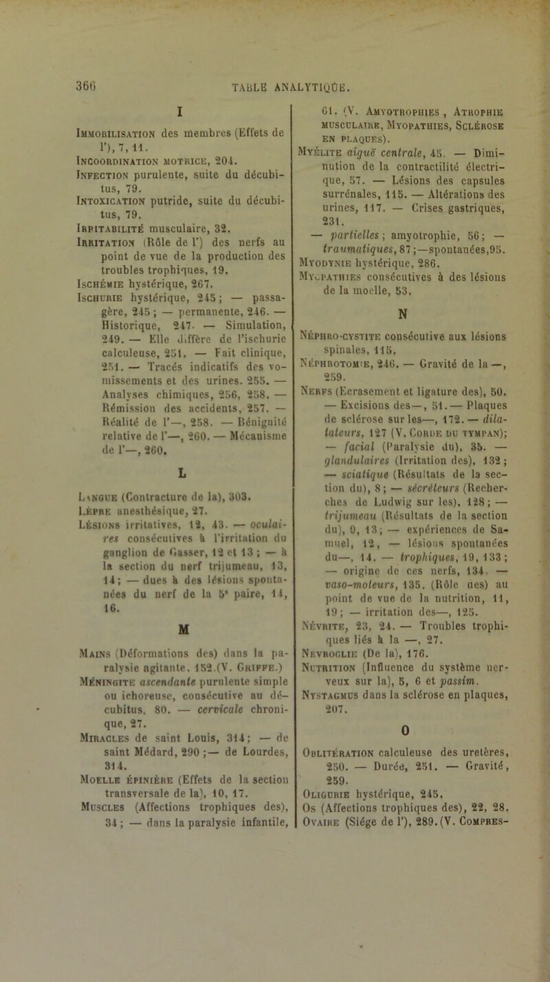 I Immobilisation des membres (Effets de Incoordination motrice, 201. Infection purulente, suite du décubi- tus, 79. Intoxication putride, suite du décubi- tus, 79. Irritabilité musculaire, 32. Irritation iRôle de 1’) des nerfs au point de vue de la production des troubles trophiques, 19. Ischémie hystérique, 267. IscHURiE hystérique, 215 ; — passa- gère, 215 ; — permanente, 216. — Historique, 217- — Simulation, 219. — Elle diffère de l’ischurie calculeuse, 251. — Fait clinique, 251. — Tracés indicatifs des vo- missements et des urines. 255. — Analyses chimiques, 256, 258. — Rémission des accidents, 257. — Réalité de 1’—, 258. — Rénignité relative de 1’—, 260. — Mécanisme de r—, 260. L Linoue (Contracture de la), 303. Lèpre anesthésique, 27. Lésions irritatives, 12, 13. — oculai- res consécutives k l'irritation du ganglion de Casser, 12 et 13 ; — k la section du nerf trijumeau, 13, 11; — dues k des lésions sponta- nées du nerf de la 5* paire, 11, 16. M Mains (Déformations des) dans la pa- ralysie agitante. 152.(V. Griffe.) Méningite ascendante purulente simple ou ichoreusc, consécutive au dé- cubitus. 80. — cervicale chroni- que, 27. Miracles de saint Louis, 311; — de saint Médard, 290 ;— de Lourdes, 314. Moelle épinière (Effets de la section transversale de la), 10, 17. Muscles (Affections trophiques des), 31 ; — dans la paralysie infantile. 61. (V. Amyotrophies , Atrophie MUSCULAIRE, MYOPATHIES, SCLÉROSB EN PLAQUES). Myélite aiguë centrale, 15. — Dimi- nution de la contractilité électri- que, 57. — Lésions des capsules surrénales, 115. — Altérations des urines, 117. — Crises gastriques, 231. — partielles; amyotrophie, 56; — traumatiques, 87 ;—spontanées,95. Myodynie hystérique, 286. My,.pathies consécutives à des lésions de la moelle, 53. N Néphro-cystite consécutive aux lésions spinales, 115. Néphrotomie, 216. — Gravité de la—, 259. Nerfs (Ecrasement et ligature des), 50. — Excisions des—, 51.— Plaques de sclérose sur les—, 172. — dila- tateurs, 127 (V. Corde du tympan); — facial (Paralysie du), 3b. — glandulaires (Irritation des), 132; — sciatique (Résultats de la sec- tion du), 8; — sécréteurs (Recher- ches de Ludwig sur les), 128; — trijumeau (Résultats de la section du), 0, 13; — expériences de Sa- muel, 12, — lésions spontanées du—, 11. — trophiques, 19, 133; — origine de ces nerfs, 134. — vaso-moteurs, 135. (Rôle ues) au point de vue de la nutrition, 11, 19; — irritation des—, 125. Névrite, 23, 2i. — Troubles trophi- ques liés k la —, 27. Nbvhoglie (De la), 176. Nutrition (Influence du système ner- veux sur la), 5, 6 et passim. Nystagmüs dans la sclérose en plaques, 207. O Oblitération calculeuse des uretères, 250. — Durée, 251. — Gravité, 259. Oligurie hystérique, 245. Os (Affections trophiques des), 22, 28. Ovaire (Siège de 1’), 289.(V. Compbes-