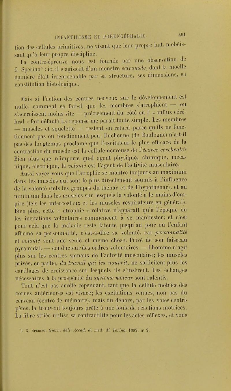 tion des cellules primitives, ne visant que leur propre but, n'obéis- sant qu'à leur propre discipline. La contre-épreuve nous est fournie par une observation de G. Sperino' : ici il s'agissait d'un monstre ectromèle, dont la moelle épiniore était irréprochable par sa structure, ses dimensions, sa constitution hislologique. Mais si l'action des centres nerveux sur le développement est nulle, comment se fait-il que les membres s'atrophient — ou s'accroissent moins vite — précisément du côté où 1' « inllux céré- bral » fait défaut? La réponse me parait toute simple. Les membres — muscles et squelette — restent en retard parce qu'ils ne fonc- tionnent pas ou fonctionnent peu. Duchenne (de Boulogne) n'a-t-il pas dès longtemps proclamé que l'excitateur le plus el'iicace de la contraction du muscle est la cellule nerveuse de Vécorce cérébrale! Bien plus que n'importe quel agent physique, chimique, méca- nique, électrique, la volonté est l'agent de l'activité musculaire. Aussi voyez-vous que l'atrophie se montre toujours au maximum dans les muscles qui sont le plus directement soumis à l'influence de la volonté (tels les groupes du thénar et de l'hypothénar), et au minimum dans les muscles sur lesquels la volonté a le moins d'em- pire (tels les intercostaux et les muscles respirateurs en général). Bien plus, cette « atrophie » relative n'apparaît qu'à l'époque où les incitations volontaires commencent à se manifester; et c'est pour cela que la maladie reste latente jusqu'au jour où l'enfant affirme sa personnalité, c'est-à-dire sa volonté, car personnalité et volonté sont une seule et même chose. Privé de son faisceau pyramidal, — conducteur des ordres volontaires — l'homme n'agit plus sur les centres spinaux de l'activité musculaire; les muscles privés, en partie, du travail qui les nourrit, ne sollicitent plus les cartilages de croissance sur lesquels ils s'insèrent. Les échanges nécessaires à la prospérité du système moteur sont ralentis. Tout n'est pas arrêté cependant, tant que la cellule motrice des cornes antérieures est vivace; les excitations venues, non pas du cerveau (centre de mémoire), mais du dehors, par les voies centri- pètes, la trouvent toujours prête à une foule de réactions motrices. La fibre striée utilise sa contractilité pour les actes réflexes, et vous 1. G. SPEniNO. Ciioin. deW Acr.ad. d. med. di. Toriiio, 1892, il 2.