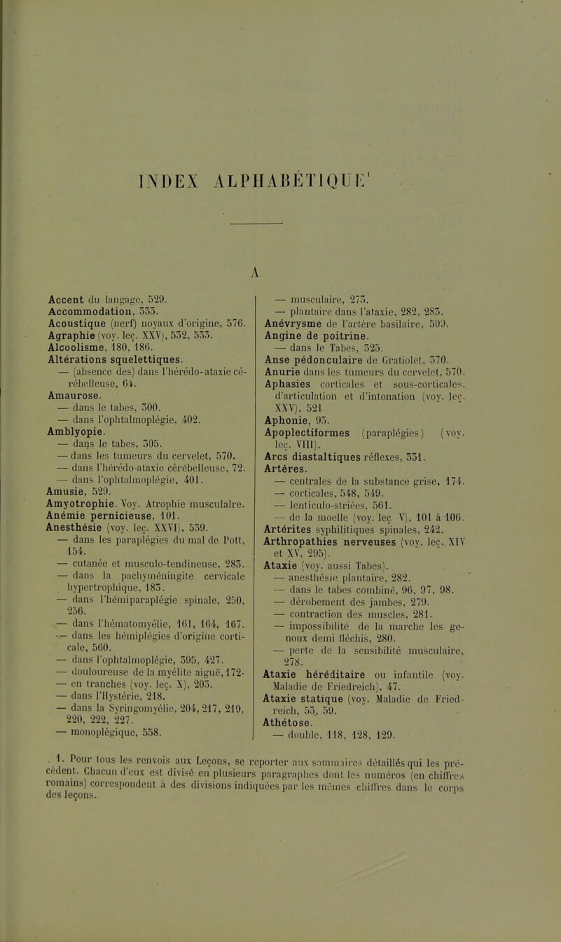 INDEX ALPHABÉTlQUi:' A Accent du langage, 529. Accommodation, 353. Acoustique (nerf) noyaux d'origine, 576. Agraphie (voy. leç. XXVj, 552, 553. Alcoolisme, 180, 186. Altérations squelettiques. — (absence des) dans l'hérédo-ataxie cé- rébelleuse, 6*. Amaurose. — dans le tabès, 500. — dans l'ophtalmoplégie, 402. Amblyopie. — dans le tabès, 505. — dans les tumeurs du cervelet, 570. — dans riiérédo-ataxie cérébelleuse, 72. — dans l'ophtalmoplégie, 401. Amusie, 529. Amyotrophie. Voy. Atrophie musculaire. Anémie pernicieuse, 101. Anesthésie (voy. leç. XXVI). 559. — dans les paraplégies du mal de Pott, 154. — cutanée et musculo-tendineuse, 283. — dans la pacliyméningite cervicale hypertrophique, 183. — dans l'hémiparaplégie spinale, 250, 256. — dans l'hématomyélie, 161, 164, 167. — dans les hémiplégies d'origine corti- cale, 560. — dans l'ophtalmoplégie, 595, 427. — douloureuse de la myélite aiguë,172- — en tranches (voy. leç. X), 205. — dans l'Hystérie, 218. — dans la Syringomyélie, 204, 217, 219, 220, 222, 227. — raonoplégique, 558. — musculaire, 275. — plantaire dans l'ataxie, 282, 283. Anévrysme de lartèi^e basilaire, 50'J. Angine de poitrine. — dans le Tabcs, 525. Anse pédonculaire de Gratiolet, 570. Anurie dans les tumeurs du cervelet, 570. Aphasies corticales et sous-corticales, d'articulation et d'intonation (vov. lec. XXV), 521 Aphonie, 95. Apoplectiformes (paraplégies) (vov. leç. Vlll). Arcs diastaltiques réflexes, 551. Artères. — centrales de la substance grise, 174. — corticales, 548, 549. — lenticulo-striées, 561. — de la moelle (voy. leç V), 101 à 106. Artérites syphilitiques spinales, 242. Arthropathies nerveuses (voy. lec. XIV et XV, 295). Ataxie (voy. aussi Tabès). — anesthésie plantaire, 282. — dans le tabès combiné, 96, 97, 98. — dérobement des jambes, 279. — contraction des muscles, 281. — impossibilité de la marche les ge- noux demi fléchis, 280. — perte de la sensibihté musculaire, 278. Ataxie héréditaire ou infantile (voy. Maladie de Friedreich), 47. Ataxie statique (voy. Maladie de Fried- reich, 53, 59. Athétose. — double, 118, 128, 129. . 1. Pour tous les renvois aux Leçons, se reporter aux snmni:iiros détaillés qui les pré- cèdent. Chacun d'eux est divisé en plusieurs paragrajjiics dont les numéros (en chilfres romams) correspondent à des divisions indiquées par les mêmes cliillres dans le corps des leçons.