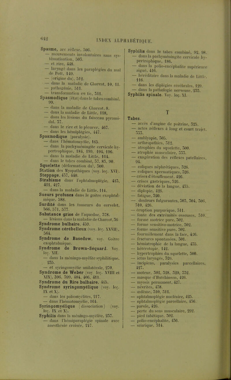IM»i:\ ALlMIAHKTKjl'K Spasme, ;iit ivdexo. HOC. — iiioMvcMiciils iiivdluriliiircs siiii.s svs- lémiilis.ilidii. 500. — et rire, 448. — laryiigii dims les iiar.-iplrgies du iiiiil (lo l'on, 14'.). — (origine du), 51'2. — daiLs la uialadie de Ciiarcol, 10. 11. — palliojïénie, 511. — IraiisCoriuatiou en lie, 311. Spasraodique ((Maljdausie taLcscomiiiné. 99. — riaus la maladie (h; Cliarcol. 8. — dans la maladie de Lill.le, 118, — dans les lésions du faisceau pyrami- dal. 57. — dans le rire et le pleurer, 407. — dans les hémiplégies, 447. Spasmodique (paralysie). — dans riiématoniyélie, 105. — dans la pacliyméningite cervicale liy- pertropliiquc, 184, 100, 194, 190. — dans la maladie de LiLIle, 114. — dans le tahcs combiné, 57. 85, 90. Squelette (déformation du), 500. Station des Myopatliiques (voy. lec. XVI). Steppage, 457, 440. Strabisme dans l'ophlalmoplégic, 415, 421, 427. — dans la maladie de Lillle. 114. Sueurs profuses dans le goitre exophtal- mique. 588. Surdité dans les tumeurs du cervelet, 506,571,577. Substance grise de l'aqueduc, 578. — lésions dans la maladie de Cliarcot, 50 Syndrome bulbaire, 459. Syndrome cérébelleux (voy. lec. XWII), 564. Syndrome de Basedow, voy. Goitre exophtalmique. Syndrome de Brown-Séquard. Yov. Icç. xn. — dans la méningo-myélile syphilitique. 235. — et syringomvélic unilatéi-alc, 270. Syndrome de Weber (voy lec. XVllI et XIX), 390, 599. 404, 400,' 4M.' Syndrome du Rire bulbaire, 465. Syndrome syringomyélique (voy. lec. IXetX). — dans les poliomyélites, 217. — dans l'hématomyélic, 104. Syringomyélique (dissociation) (voy. lec. IX et X). Syphilis dans la méningo-myéliic, 257. — dans l'hémiparaplégie spinale avec anestliésie croisée, 2i7. Syphilis dans le tabès combiné, 92, 98. — dans la pachyméningile cervicale liv- perlrophique, 186. — dans la polio-encéplialite supéi-ieuic aiguë, 4I(). — héréditaii'e dans la maladie de finie 116. — dans les diplégies céirbrales, 129. — dans la i)athologie nerveuse, 253. Syphilis spinale. Voy. leç. XI. T Tabès. — accès d'angine de poitrine, 525. —^acl es réilexcs à long et court Ira je!. 555. — amblyopie, 505. — arthropathies, 512. — atrophies du squelette, .500. — ati-ophie musculaire, 555. — exagération des réllexes patellaires. 94. — coliques néphrétiques, 520. — coliques spermaliques, 520. — crises d'étouflement, 426. — crises gastriques, 520. — déviation de la langue, 455. — diplopie, 426. — fatigue, 520. — douleurs fulgurantes, 505, 504, 500, 510, 426. — éruption purpuiique, 511. — loiile des extrémités osseuses, 510. — l'orme motrice pure, 502. — forme sensitivo-motricc, 502. — forme sensitive pure, 502. — fourmillement dans la face, 426. — fi'aclures spontanées, 301. — hémiatrophie de la langue, 455. — hélérotopic, 142. — hypertrophies du squelette, 500. — ictus laryngés, 520. — incipicns, paralysies parcellaires, 427. — moteur, 502, 528, 529, 552. — masque d'IIutchinson, 426. — myosis permanent, 427. — névrites, 458. — œdème, 510, 511. — ophlalmoplégie nucléaire, 425. — ophlalmoplégie parcellaire, 450. — parole, 420. — perle du sens musculaire, 292. — pied tabétique, 302. — polio-encéphalite, 436. — sciaiique, 514.