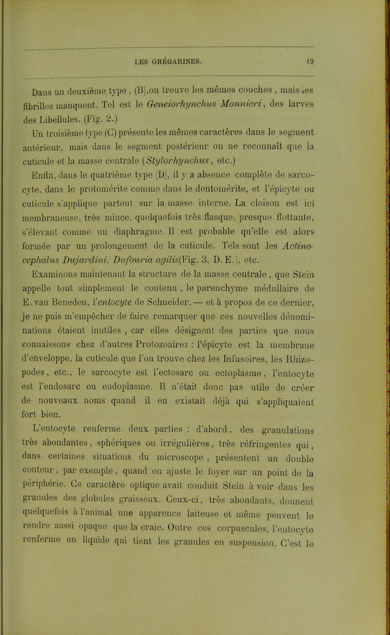 Dans un deuxième type, (B),on trouve les mêmes couches , mais les fibrilles manquent. Tel est le Geneiorhynchus Monnieri, des larves des Libellules. (Fig. &.) Un troisième type (C) présente les mêmes caractères dans le segment antérieur, mais dans le segment postérieur on ne reconnaît que la cuticule et la masse centrale (Stylorhynchus, etc.) Enfin, dans le quatrième type (D), il y a absence complète de sarco- cyte, dans le protomérite connue dans le dentomérite, et l’épicyte ou cuticule s'applique partout sur la masse interne. La cloison est ici membraneuse, très mince, quelquefois très flasque, presque flottante, s’élevant comme un diaphragme. Il est probable qu’elle est alors formée par un prolongement de la cuticule. Tels sont les Actino- cephalus Dujardini, Dufouria agilis{Fig. 3, D. E.), etc. Examinons maintenant la structure de la masse centrale , que Steiu appelle tout simplement le contenu , le parenchyme médullaire de E. van Beneden, Yenlocyie de Schneider, — et à propos de ce dernier, je ne puis m’empêcher de faire remarquer que ces nouvelles dénomi- nations étaient inutiles , car elles désignent des parties que nous connaissons chez d’autres Protozoaires : l’épicyte est la membrane d’ehveloppe, la cuticule que l’on trouve chez les Infusoires, les Rhizo- podes, etc., le sarcocyte est l’ectosarc ou ectoplasme, l’entocyte est l’endosarc ou endoplasme. Il n’était donc pas utile de créer de nouveaux noms quand il en existait déjà qui s’appliquaient fort bien. L’entocyte renferme deux parties : d’abord, des granulations très abondantes, sphériques ou irrégulières, très réfringentes qui, dans certaines situations du microscope , présentent un double contour, par exemple, quand on ajuste le foyer sur un point de la périphérie. Ce caractère optique avait conduit Stein à voir dans les granules des globules graisseux. Ceux-ci, très abondants, donnent quelquefois à l’animal une apparence laiteuse et même peuvent le rendre aussi opaque que la craie. Outre ces corpuscules, l’entocyte renferme un liquide qui tient les granules en suspension. C’est le