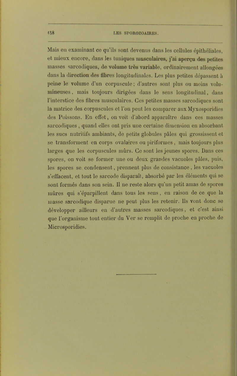Mais en examinant ce qu’ils sont devenus dans les cellules épithéliales, et mieux encore, dans les tuniques musculaires, j’ai aperçu des petites masses sarcodiques, de volume très variable, ordinairement allongées dans la direction des fibres longitudinales. Les plus petites dépassent à peine le volume d’un corpuscule ; d’autres sont plus ou moins volu- mineuses , mais toujours dirigées dans le sens longitudinal, dans l'interstice des fibres musculaires. Ces petites masses sarcodiques sont la matrice des corpuscules et l’on peut les comparer aux Myxosporidies des Poissons. En effet, on voit d’abord apparaître dans ces masses sarcodiques , quand elles ont pris une certaine dimension en absorbant les sucs nutritifs ambiants, de petits globules pâles qui grossissent et se transforment en corps ovalaires ou piriformes , mais toujours plus larges que les corpuscules mûrs. Ce sont les jeunes spores. Dans ces spores, on voit se former une ou deux grandes vacuoles pâles, puis, les spores se condensent, prennent plus de consistance , les vacuoles s’effacent, et tout le sarcode disparaît, absorbé par les éléments qui se sont formés dans son sein. Il ne reste alors qu’un petit amas de spores mûres qui s’éparpillent dans tous les sens, en raison de ce que la masse sarcodique disparue ne peut plus les retenir. Ils vont donc se développer ailleurs en d’autres masses sarcodiques, et c’est ainsi que l’organisme tout entier du Ver se remplit de proche en proche de Microsporidies.