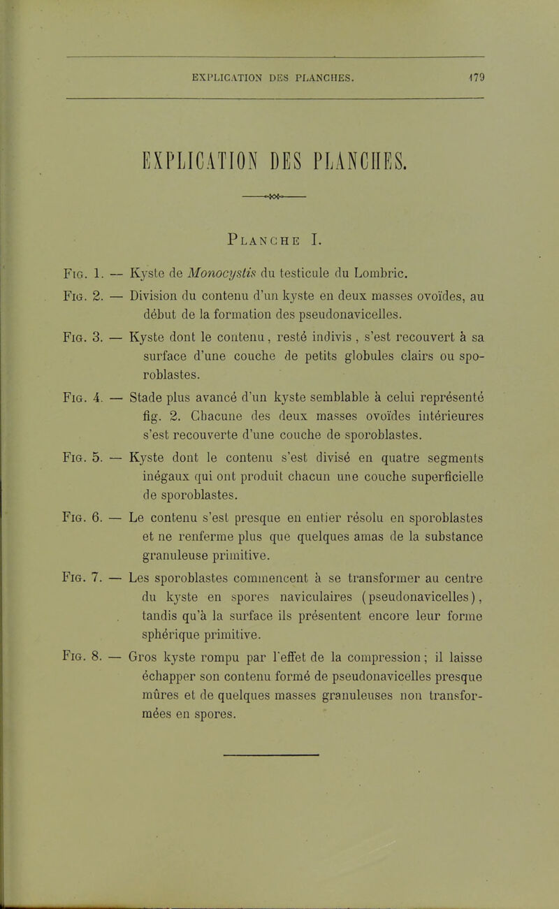 Planche I. Fig. 1. — Kyste de Monocyslis du testicule du Lombric. Fig. 2. — Division du contenu d’un kyste en deux masses ovoïdes, au début de la formation des pseudonavicelles. Fig. 3. — Kyste dont le contenu, resté indivis , s’est recouvert à sa surface d’une couche de petits globules clairs ou spo- roblastes. Fig. 4. — Stade plus avancé d’un kyste semblable à celui représenté fig. 2. Chacune des deux masses ovoïdes intérieures s’est recouverte d’une couche de sporoblastes. Fig. 5. — Kyste dont le contenu s’est divisé en quatre segments inégaux qui ont produit chacun une couche superficielle de sporoblastes. Fig. 6. — Le contenu s’est presque en entier résolu en sporoblastes et ne renferme plus que quelques amas de la substance granuleuse primitive. Fig. 7. — Les sporoblastes commencent à se transformer au centre du kyste en spores naviculaires ( pseudonavicelles ), tandis qu’à la surface ils présentent encore leur forme sphérique primitive. Fig. 8. — Gros kyste rompu par l'effet de la compression ; il laisse échapper son contenu formé de pseudonavicelles presque mûres et de quelques masses granuleuses non transfor- mées en spores.