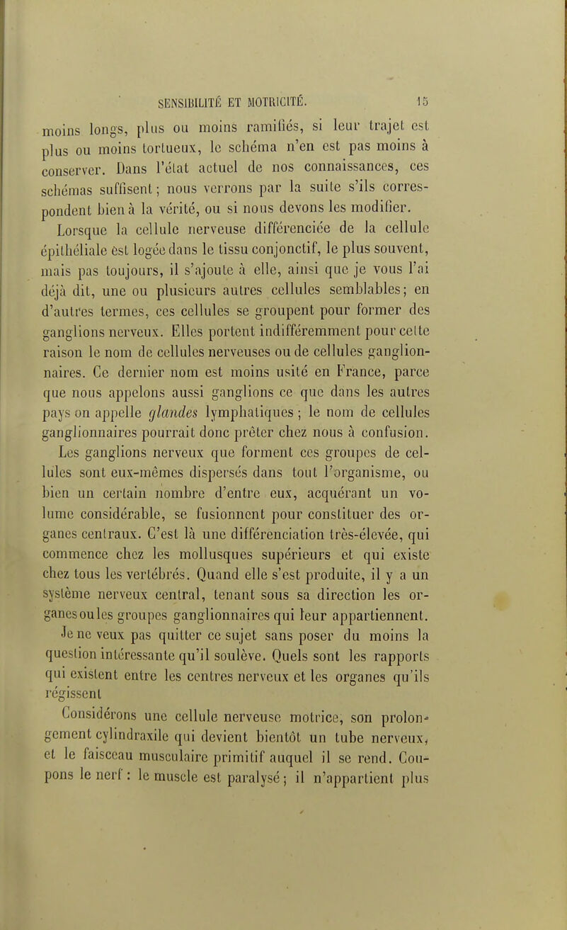 moins longs, plus ou moins ramifiés, si leur trajet est plus ou moins tortueux, le schéma n'en est pas moins à conserver. Dans l'état actuel de nos connaissances, ces schémas suffisent ; nous verrons par la suite s'ils corres- pondent hienà la vérité, ou si nous devons les modifier. Lorsque la cellule nerveuse différenciée de la cellule épilhéliale est logée dans le tissu conjonctif, le plus souvent, mais pas toujours, il s'ajoute à elle, ainsi que je vous l'ai déjà dit, une ou plusieurs autres cellules semblables; en d'autres termes, ces cellules se groupent pour former des ganglions nerveux. Elles portent indifféremment pour celte raison le nom de cellules nerveuses ou de cellules ganglion- naires. Ce dernier nom est moins usité en France, parce que nous appelons aussi ganglions ce que dans les autres pays on appelle glandes lymphatiques ; le nom de cellules ganglionnaires pourrait donc prêter chez nous à confusion. Les ganglions nerveux que forment ces groupes de cel- lules sont eux-mêmes dispersés dans tout l'organisme, ou bien un certain nombre d'entre eux, acquérant un vo- lume considérable, se fusionnent pour constituer des or- ganes centraux. C'est là une différenciation très-élevée, qui commence chez les mollusques supérieurs et qui existe chez tous les vertébrés. Quand elle s'est produite, il y a un système nerveux central, tenant sous sa direction les or- ganesoules groupes ganglionnaires qui leur appartiennent. Je ne veux pas quitter ce sujet sans poser du moins la question intéressante qu'il soulève. Quels sont les rapports qui existent entre les centres nerveux et les organes qu'ils régissent Considérons une cellule nerveuse motrice, son prolon- gement cylindraxile qui devient bientôt un tube nerveux, et le faisceau musculaire primitif auquel il se rend. Cou- pons le nerf : le muscle est paralysé 5 il n'appartient plus