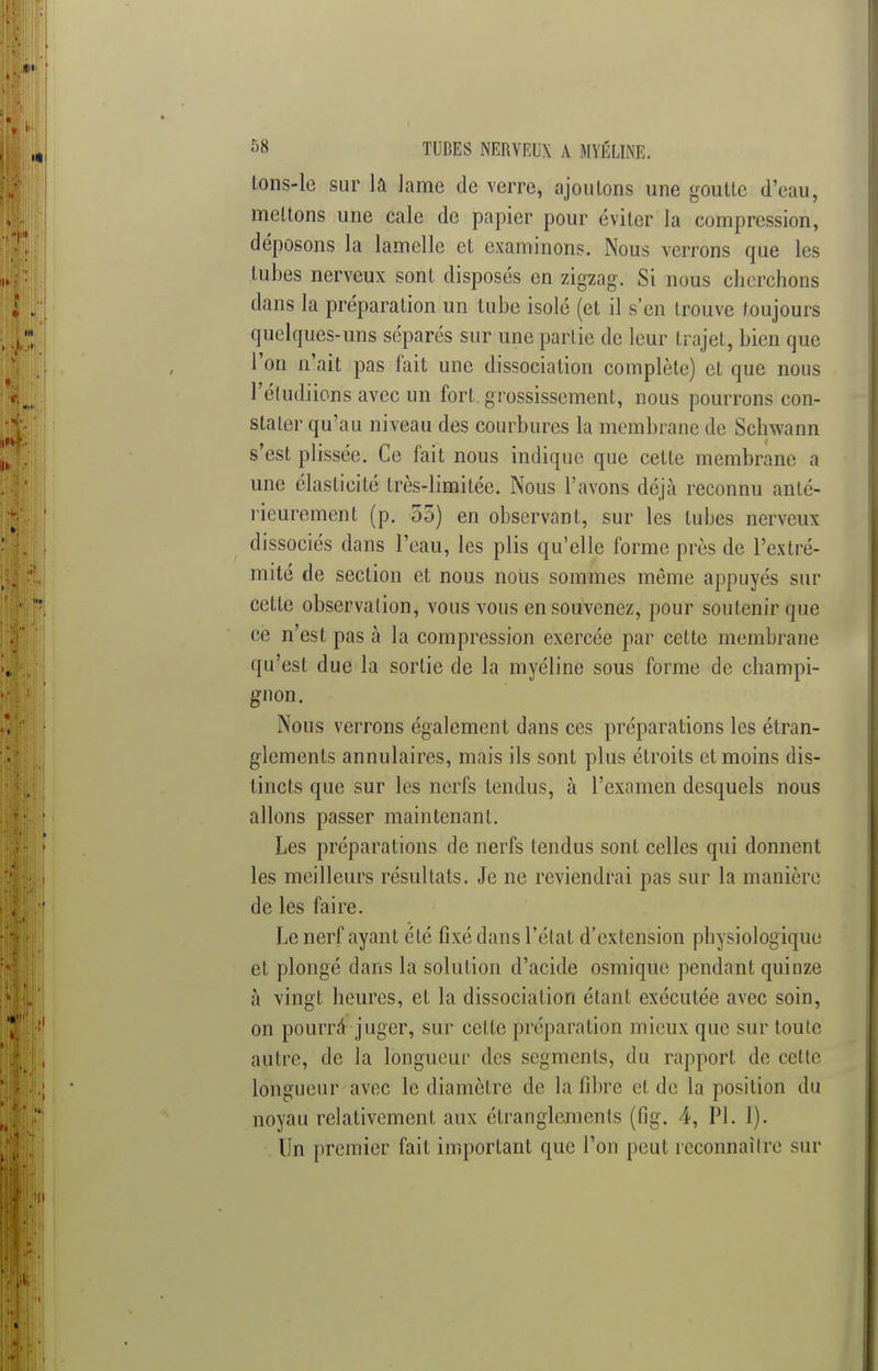 tons-lc sur la lame de verre, ajoutons une goutte d'eau, mettons une cale de papier pour éviter la compression, déposons la lamelle et examinons. Nous verrons que les tubes nerveux sont disposés en zigzag. Si nous cherchons dans la préparation un tube isole (et il s'en trouve toujours quelques-uns séparés sur une partie de leur trajet, bien que l'on n'ait pas fait une dissociation complète) et que nous l'éludiions avec un fort grossissement, nous pourrons con- stater qu'au niveau des courbures la membrane de Schwann s'est plissée. Ce fait nous indique que cette membrane a une élasticité très-limitée. Nous l'avons déjà reconnu anté- rieurement (p. 55) en observant, sur les tubes nerveux dissociés dans l'eau, les plis qu'elle forme près de l'extré- mité de section et nous nous sommes même appuyés sur cette observation, vous vous en souvenez, pour soutenir que cë n'est pas à la compression exercée par cette membrane qu'est due la sortie de la myéline sous forme de ebampi- gnon. Nous verrons également dans ces préparations les étran- glements annulaires, mais ils sont plus étroits et moins dis- tincts que sur les nerfs tendus, à l'examen desquels nous allons passer maintenant. Les préparations de nerfs tendus sont celles qui donnent les meilleurs résultats. Je ne reviendrai pas sur la manière de les faire. Le nerf ayant été fixé dans l'état d'extension physiologique et plongé dans la solution d'acide osmique pendant quinze à vingt heures, et la dissociation étant exécutée avec soin, on pourra juger, sur celte préparation mieux que sur toute autre, de la longueur des segments, du rapport de cette longueur avec le diamètre de la libre et de la position du noyau relativement aux étranglements (fig. 4, Pl. I). Un premier fait important que l'on peut reconnaître sur