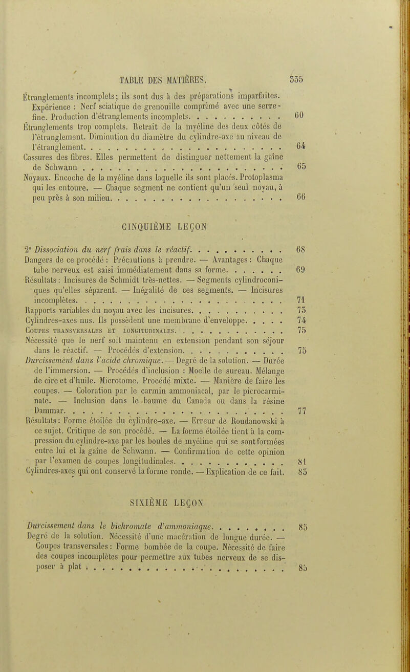 Étranglements incomplets; ils sont dus îi des préparations imparfaites. Expérience : Nerf sciatique de grenouille comprimé avec une serre- fine. Production d'étranglements incomplets GO Étranglements trop complets. Retrait de la myéline des deux côtés de l'étranglement. Diminution du diamètre du cylindre-axe au niveau de l'étranglement , 04 Cassures des fibres. Elles permettent de distinguer nettement la gaîne de Schwann 65 Noyaux. Encoche de la myéline dans laquelle ils sont placés. Protoplasma qui les entoure. — Chaque segment ne contient qu'un seul noyau, à peu près à son milieu 06 CINQUIÈME LEÇON 2° Dissociation du nerf frais dans le réactif. 68 Dangers de ce procédé : Précautions à prendre. — Avantages : Chaque tube nerveux est saisi immédiatement dans sa forme 09 Résultats : lncisures de Schmidt très-nettes. — Segments cylindroconi- ques qu'elles séparent. — Inégalité de ces segments. — lncisures incomplètes 71 Rapports variables du noyau avec les incisures 73 Cylindres-axes nus. Ils possèdent une membrane d'enveloppe 74 Coupes transversales et longitudinales 75 Nécessité que le nerf soit maintenu en extension pendant son séjour dans le réactif. — Procédés d'extension 75 Durcissement dans l'acide chromique. — Degré de la solution. — Durée de l'immersion. — Procédés d'inclusion : Moelle de sureau. Mélange o de cire et d'huile. Microtome. Procédé mixte. — Manière de faire les coupes. — Coloration par le carmin ammoniacal, par le picrocarmi- nate. — Inclusion dans le -baume du Canada ou dans la résine Dammar 77 Résultats : Forme étoilée du cylindre-axe. — Erreur de Roudanowski à ce sujet. Critique de son procédé. — La forme étoilée tient a la com- pression du cylindre-axe par les boules de myéline qui se sont formées entre lui et la gaine de Schwann. — Confirmation de cette opinion par l'examen de coupes longitudinales 81 Cylindres-axes qui ont conservé la forme ronde. — Explication de ce fait. S5 SIXIÈME LEÇON Durcissement dans le bichromate d'ammoniaque 85 Degré de la solution. Nécessité d'une macération de longue durée. — Coupes transversales : Forme bombée de la coupe. Nécessité de faire des coupes incomplètes pour permettre aux tubes nerveux de se dis- poser à plat ...... 85