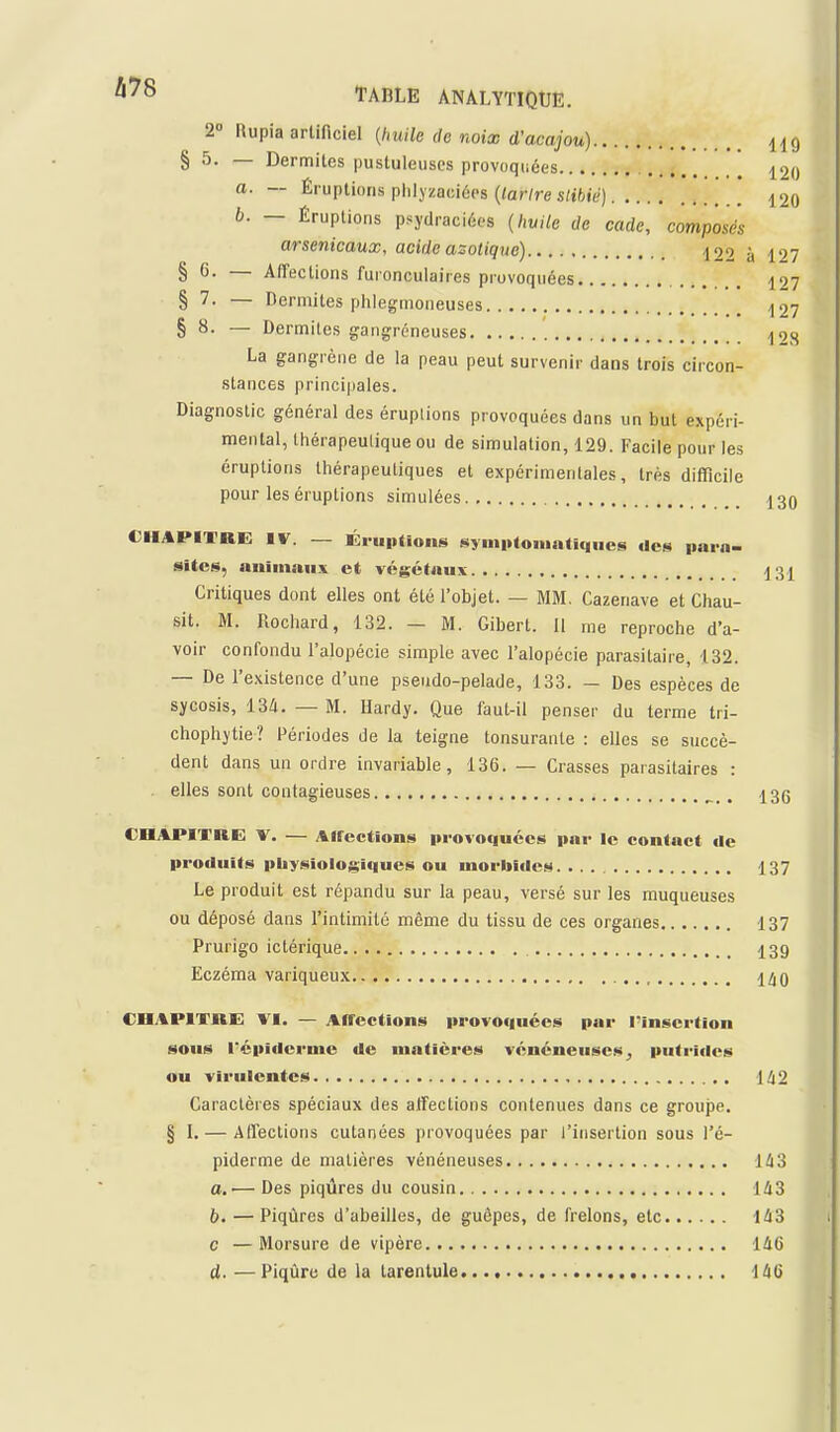 2° Rupia arliflciel [huile de noix d'acajou) 1^9 § 5. — Dermiles pustuleuses provoquées a. — Éruptions phlyzaciécs (<ar/re s/tfcie) 120 b. — Éruptions psydraciécs (Iwile de cade, composés arsenicaux, acide azotique) 122 à 127 § 6. — Affections furonculaires provoquées 127 § 7. — Dermites plilegmoneuses 127 § 8. — Dermites gangreneuses 128 La gangrène de la peau peut survenir dans trois circon- stances principales. Diagnostic général des éruptions provoquées dans un but expéri- mental, thérapeutique ou de simulation, 129. Facile pour les éruptions thérapeutiques et expérimentales, très difficile pour les éruptions simulées I30 CHAPITRE IV. — Éruptions syinptoiiiatiqucs des para- sites, animaii.v et végétaux 131 Critiques dont elles ont été l'objet. — MM. Cazenave et Chau- sit. M. Rochard, 132. — M. Gibert. Il me reproche d'a- voir confondu l'alopécie simple avec l'alopécie parasitaire, 132. — De l'e.vistence d'une pseudo-pelade, 133. — Des espèces de sycosis, 134. — M. Hardy. Que faut-il penser du terme tri- chophytie? Périodes de la teigne tonsuranle : elles se succè- dent dans un ordre invariable, 136. — Crasses parasitaires : . elles sont contagieuses ^_. 13(5 CHAPITRE V. — Affections provoquées par le contact de produits physiologiques ou uiorbiilcs. ... 137 Le produit est répandu sur la peau, versé sur les muqueuses ou déposé dans l'intimité même du tissu de ces organes 137 Prurigo ictérique I39 Eczéma variqueux l/jO CHAPITRE VI, — Affections provoquées par l'insertion sous répiderme de matières vénéneuses^ putrides ou virulentes 1^2 Caractères spéciaux des affections contenues dans ce groupe. § L — Atrections cutanées provoquées par l'insertion sous l'é- piderme de matières vénéneuses 143 a.— Des piqûres du cousin 143 h, — Piqûres d'abeilles, de guêpes, de frelons, etc 143 c — Morsure de vipère 146 ci. —Piqûre de la tarentule 146