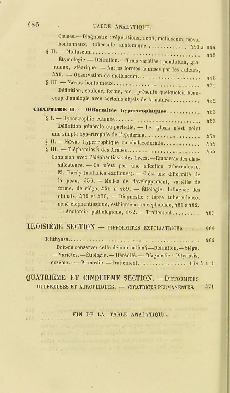Cnuses.-Diagnoslic : végétations, acné, moUuscum, nœvus boutonneux, tubercule anatomique. 443 à 4i4 § n. — Molluscum . 4^i5 Etymologie.—Définition.—Trois variétés : pendulum, gra- nuleux, stéarique. — Autres formes admises par les auteurs, 446. — Observation de molluscum , /i/ÎS § in.—Nœvus boutonneux ^r^^ Définition, couleur, forme, etc., présente quelquefois beau- coup d'analogie avec certains objets de la nature 452 CHAPITRE II. — Uiirovinitéi^ liypertrophiques 453 § I.—Hypertrophie cutanée ^53 Définition générale ou partielle, — Le tylosis n'est point une simple hypertrophie de l'épiderme 454 § IL —Nœvus hypertrophique ou chalazodermie 45/1 § III. —Éléphantiasis des Arabes ^155 Confusion avec l'éléphantiasis des Grecs.—Embarras des clas- siflcateurs. — Ce n'est pas une affection tuberculeuse. M. Hardy (maladies exotiques). — C'est une difformité de la peau, 456. — Modes de développement, variétés de forme, de siège, 456 à 459. — Êtiologie. Influence des climats, 459 et 460. — Diagnostic : lèpre tuberculeuse, acné éléphantiasique, esthiomène, encéphaloïde, 460 à 462. — Analomie pathologique, 462. — Traitement 463 TROISIÈME SECTION — DIFFORMITES EXFOLIATRICES 464 Ichthyose Doit-on conserver cette dénomination?—Définition. —Siège. — Variétés.—Êtiologie. — Hérédité.— Diagnostic : Pityriasis, eczéma. — Pronostic.—Traitement. 464 à 471 QUATRIÈME ET CINQUIÈME SECTION. - Difformités ULCÉREUSES ET ATROPHIQUES. — CICATRICES PERMANENTES. 471 FIN DE LA TABLE ANALYTIQUE.