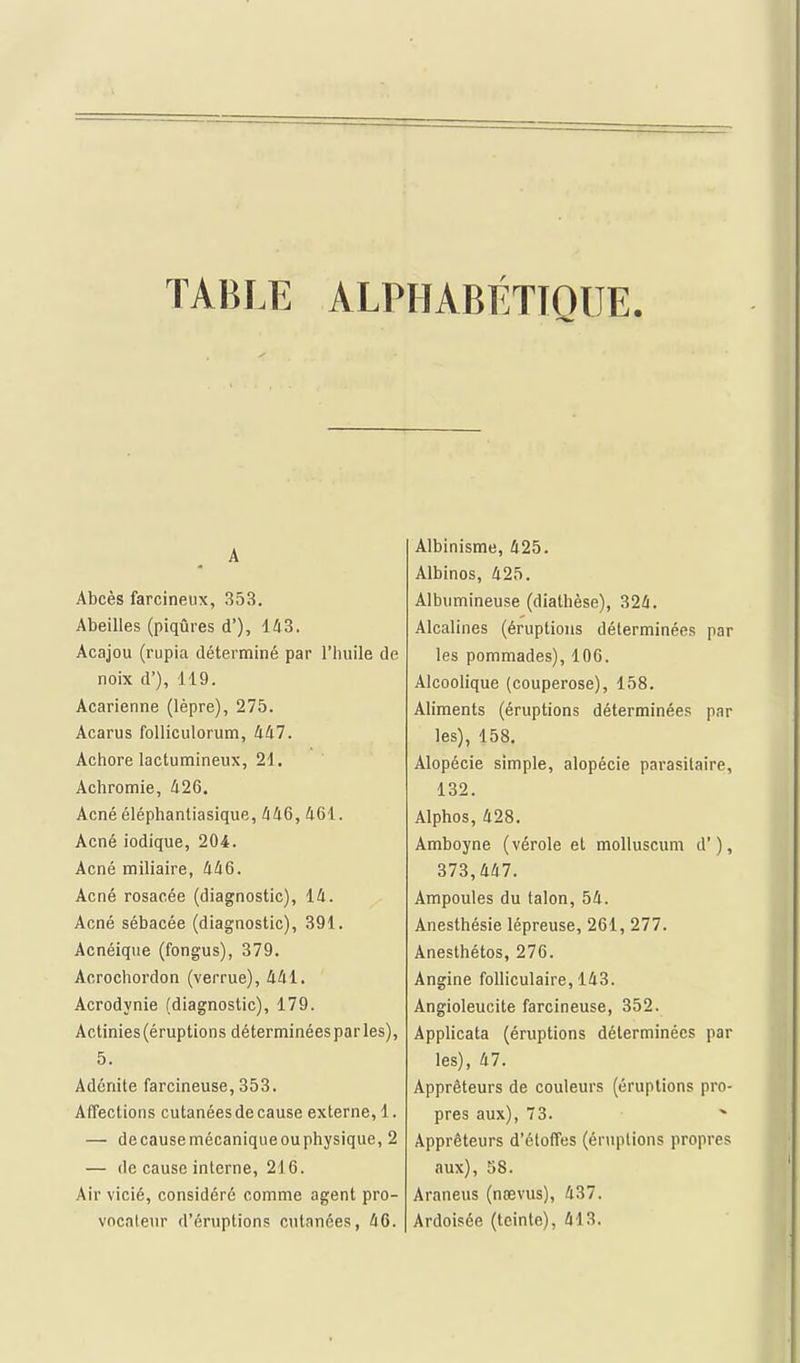 TABLE ALPHABÉTIQUE. A Abcès farcineux, 353. Abeilles (piqûres d'), 143. Acajou (rupia déterminé par l'huile de noix d'), 119. Acarienne (lèpre), 275. Acarus folliculorum, kkl. Achorelactumineux, 21, Achromie, 426. Acné éléphantiasique, 446, 461. Acné iodique, 204. Acné miliaire, 446. Acné rosacée (diagnostic), 14. Acné sébacée (diagnostic), 391. Acnéique (fongus), 379. Acrochordon (verrue), 441. Acrodynie (diagnostic), 179. Actinies (éruptions déterminées par les), 5. Adénite farcineuse, 353. Affections cutanées de cause externe, 1. — decausemécaniqueouphysique, 2 — de cause interne, 216. Air vicié, considéré comme agent pro- vocateur d'éruptions cutanées, 46. Albinisme, 425. Albinos, 425. Albumineuse (dialhèse), 324. Alcalines (éruptions déterminées par les pommades), 106. Alcoolique (couperose), 158. Aliments (éruptions déterminées par les), 158. Alopécie simple, alopécie pai'asilaire, 132. Alphos, 428. Amboyne (vérole et molluscum d'), 373,447. Ampoules du talon, 54. Anesthésie lépreuse, 261, 277. Anesthétos, 276. Angine folliculaire, 143. Angioleucite farcineuse, 352. Applicata (éruptions déterminées par les), 47. Appréteurs de couleurs (éruptions pro- pres aux), 73. Appréteurs d'étoffes (éruptions propres aux), 58. Araneus (nœvus), 437. Ardoisée (teinte), 413.