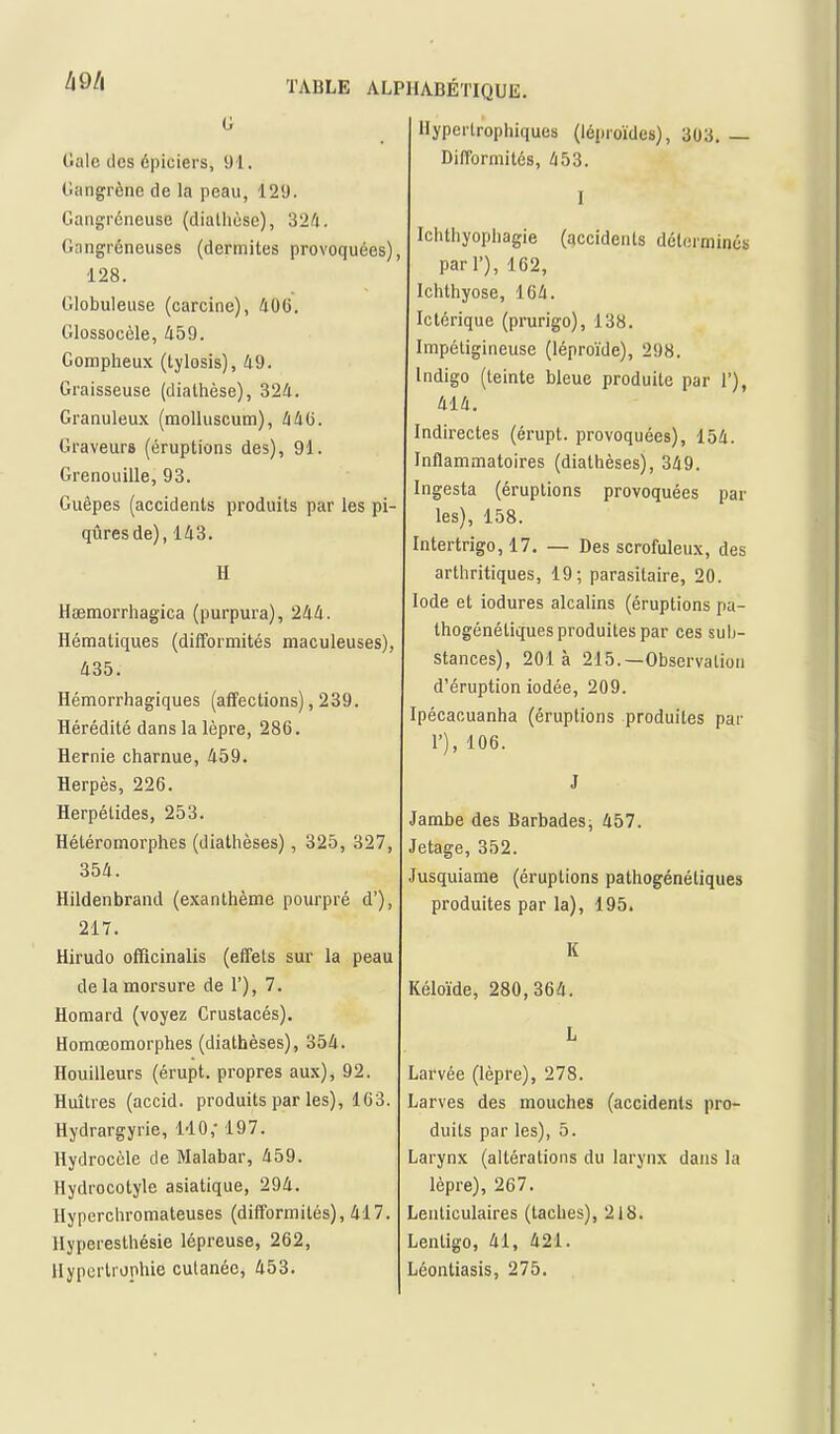 G Gale des épiciers, 91. Gangrène de la peau, 129. Gangreneuse (diatlièse), 324. Gangréneuses (dermites provoquées), 128. Globuleuse (carcine), 406. Glossocèle, 459. Gompheux (tylosis), 49. Graisseuse (dialhèse), 324. Granuleux (moUuscum), 440. Graveurs (éruptions des), 91. Grenouille, 93. Guêpes (accidents produits par les pi- qûres de), 143. H Hoemorrhagica (purpura), 244. Hématiques (difformités maculeuses), 435. Hémorrhagiques (affections), 239. Hérédité dans la lèpre, 286. Hernie charnue, 459. Herpès, 226. Herpétides, 253. Hétéromorphes (diathèses), 325, 327, 354. Hildenbrand (exanthème pourpré d'), 217. Hirudo ofïîcinalls (effets sur la peau de la morsure de 1'), 7. Homard (voyez Crustacés). Homœomorphes (diathèses), 354. Bouilleurs (érupt. propres aux), 92. Huîtres (accid. produits par les), 163. Hydrargyrie, MO; 197. Hydroccle de Malabar, 459. Hydrocotyle asiatique, 294. Hyperchromateuses (difformités), 417. llyperesthésie lépreuse, 262, Hypertrophie cutanée, 453. HABÉTIQUE. Uypertrophiques (léproïdes), 303. — DifTormitôs, 453. I Ichthyophagie (accidents déterminés pari), 162, Ichthyose, 164. Ictérique (prurigo), 138. Impéligineuse (léproïde), 298. Indigo (teinte bleue produite par 1'), 414. Indirectes (érupt. provoquées), 154. Inflammatoires (diathèses), 349. Ingesta (éruptions provoquées par les), 158. Intertrigo, 17. — Des scrofuleux, des arthritiques, 19; parasitaire, 20. Iode et iodures alcalins (éruptions pa- thogénéliques produites par ces sub- stances), 201 à 215.—Observation d'éruption iodée, 209. Ipécacuanha (éruptions produites par r), 106. J Jambe des Barbades, 457. Jetage, 352. Jusquiame (éruptions pathogénéliques produites par la), 195. K Kéloïde, 280,364. L Larvée (lèpre), 278. Larves des mouches (accidents pro- duits par les), 5. Larynx (altérations du larynx dans la lèpre), 267. Lenticulaires (taches), 218. Lenligo, 41, 421. Léontiasis, 275.
