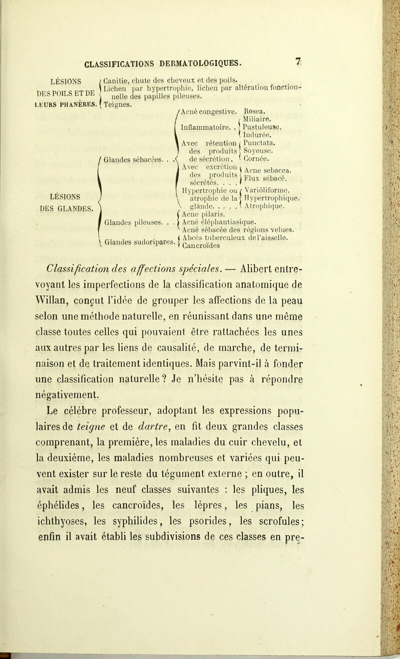 LESIONS DES POILS ET DE LEURS PHANÈRES. r Canitie, cliute des cheveux et des poils. | Lichen par hypertrophie, lichen par altération fonct.ion- | nelle des papilles pileuses. ( Teignes. /Acné congestive. ' Glandes sébacées. LESIONS DES GLANDES. I Inflammatoire. . 1 Avec rétention 1 des produits de sécrétion. Avec excrétion Glandes pileuses. . . \ Glandes sudoripares. Rosea. / Miliaire. 5 Pustuleuse. ( Indurée. < Punctata. ; Soyeuse. I Cornée. , , 1 Acné sebacea. des produits jFlux sébacé. sécrétés. . . . ( Hypertrophie ou i Variôliforme. atrophie de la] Hypertrophique. \ glande ' Atrophique. ÎAcne pilaris. Acné élépliantiasique. Acné sébacée des régions velues. ( Abcès tuberculeux de l’aisselle. 1 Cancroïdes Classification des affections spéciales. — Alibert entre- voyant les imperfections de la classification anatomique de Willan, conçut l’idée de grouper les affections de la peau selon une méthode naturelle, en réunissant dans une même classe toutes celles qui pouvaient être rattachées les unes aux autres par les liens de causalité, de marche, de termi- naison et de traitement identiques. Mais parvint-il à fonder une classification naturelle? Je n’hésite pas à répondre négativement. Le célèbre professeur, adoptant les expressions popu- laires de teigne et de dartre, en fit deux grandes classes comprenant, la première, les maladies du cuir chevelu, et la deuxième, les maladies nombreuses et variées qui peu- vent exister sur le reste du tégument externe ; en outre, il avait admis les neuf classes suivantes : les pliques, les éphélides, les cancroïdes, les lèpres, les pians, les ichthyoses, les syphilides, les psorides, les scrofules; enfin il avait établi les subdivisions de ces classes en pre-