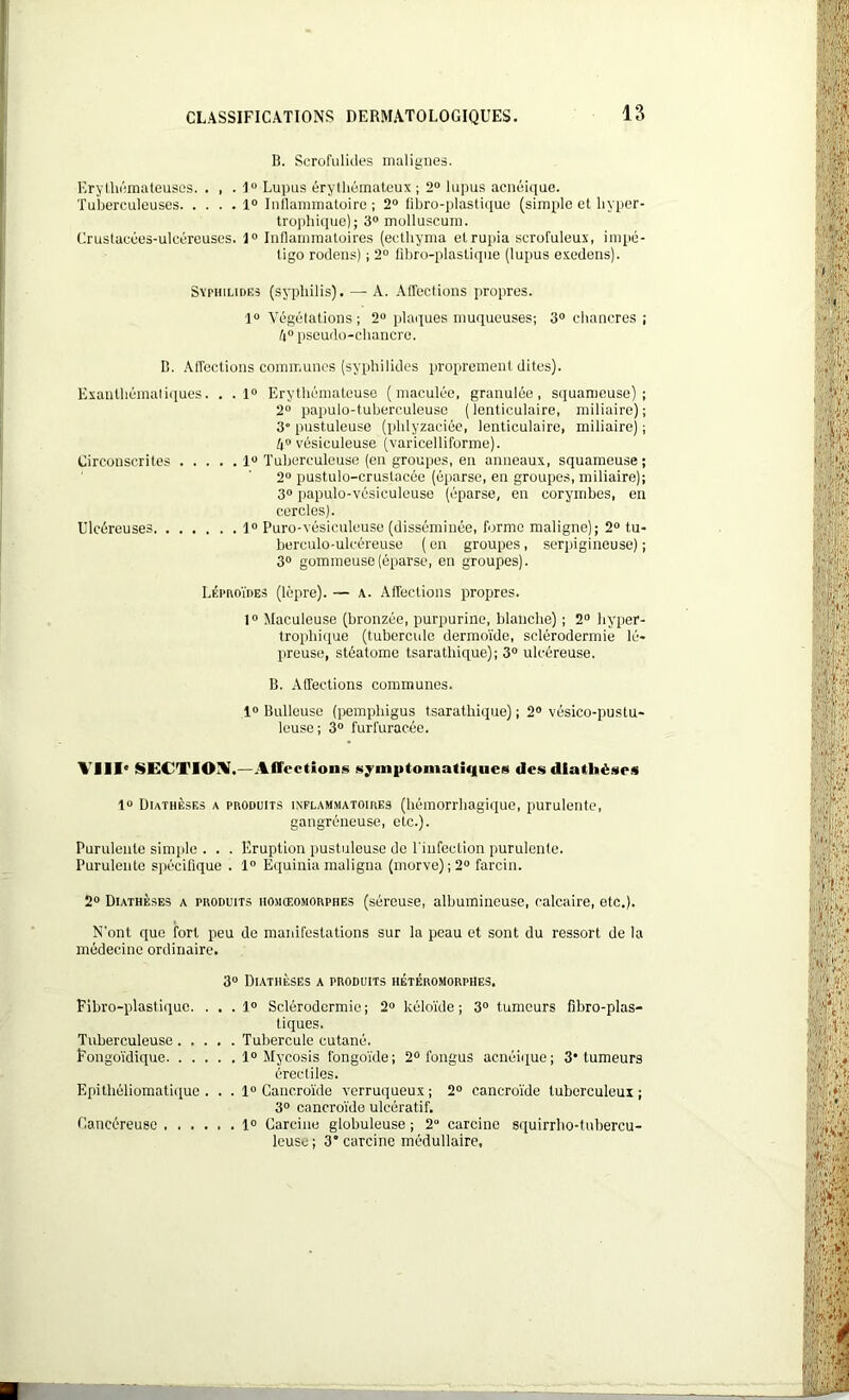 n B. Scrofulides malignes. Erythémateuses. . , . 1° Lupus érythémateux ; 2° lupus acnéique. Tuberculeuses 1° Inflammatoire; 2° fibro-plastique (simple et hyper- trophique); 3° molluscum. Crustacées-ulcéreuses. 3° Inflammatoires (ecthyma etrupia scrofuleux, impé- tigo rodens) ; 2° fibro-plastique (lupus exedens). Syphilides (syphilis). — A. Affections propres. 1° Végétations; 2° [flaques muqueuses; 3° chancres ; ti° pseudo-chancre. B. Affections communes (syphilides proprement dites). Exanthématiques. . .1° Erythémateuse (maculée, granulée, squameuse); 2° papulo-tuberculeuse ( lenticulaire, miliaire) ; 3° pustuleuse (pldyzaciêe, lenticulaire, miliaire) ; A0 vésiculeuse (varicelliforme). Circonscrites 1® Tuberculeuse (en groupes, en anneaux, squameuse; 2° pustulo-crustacée (éparse, en groupes, miliaire); 3° papulo-vésiculouse (éparse, en corymbes, en cercles). Ulcéreuses 1° Puro-vésiculeuse (disséminée, forme maligne); 2° tu- berculo-ulcéreuse ( en groupes, serpigineuse) ; 3° gommeuse (éparse, en groupes). LépaoÏDES (lèpre). — a. Affections propres. 1° Maculeuse (bronzée, purpurine, blanche) ; 2° hyper- trophique (tubercule dermoïde, sclérodermie lé- preuse, stéatome tsarathique); 3° ulcéreuse. B. Affections communes. 1° Bulleuse (pempliigus tsarathique); 2° vésico-pustu- leuse; 3° furfuracée. VIIIe SECTION,—Affrétions symptomatique» des diathèses 1° Diathèses a produits inflammatoires (hémorrhagique, purulente, gangréneuse, etc.). Purulente simple . . . Eruption pustuleuse de l'infection purulente. Purulente spécifique . 1° Equinia maligna (morve); 2° farcin. 2° Diathèses a produits homœomorphes (séreuse, albumineuse, calcaire, etc.). N'ont que fort peu de manifestations sur la peau et sont du ressort de la médecine ordinaire. 3° Diathèses a produits hétéromorpHes. Fibro-plastique. ... 1° Sclérodermie ; 2° kéloïde ; 3° tumeurs fibro-plas- tiques. Tuberculeuse Tubercule cutané. Fongoïdique 1° Mycosis fongoïde; 2° fongus acnéique; 3* tumeurs érectiles. Epithéliomatique ... 1° Cancroïde verruqueux ; 2° cancroïde tuberculeux ; 3° cancroïde ulcératif. Cancéreuse 1° Carcine globuleuse ; 2° carcine squirrho-tubercu- leuse; 3° carcine médullaire.