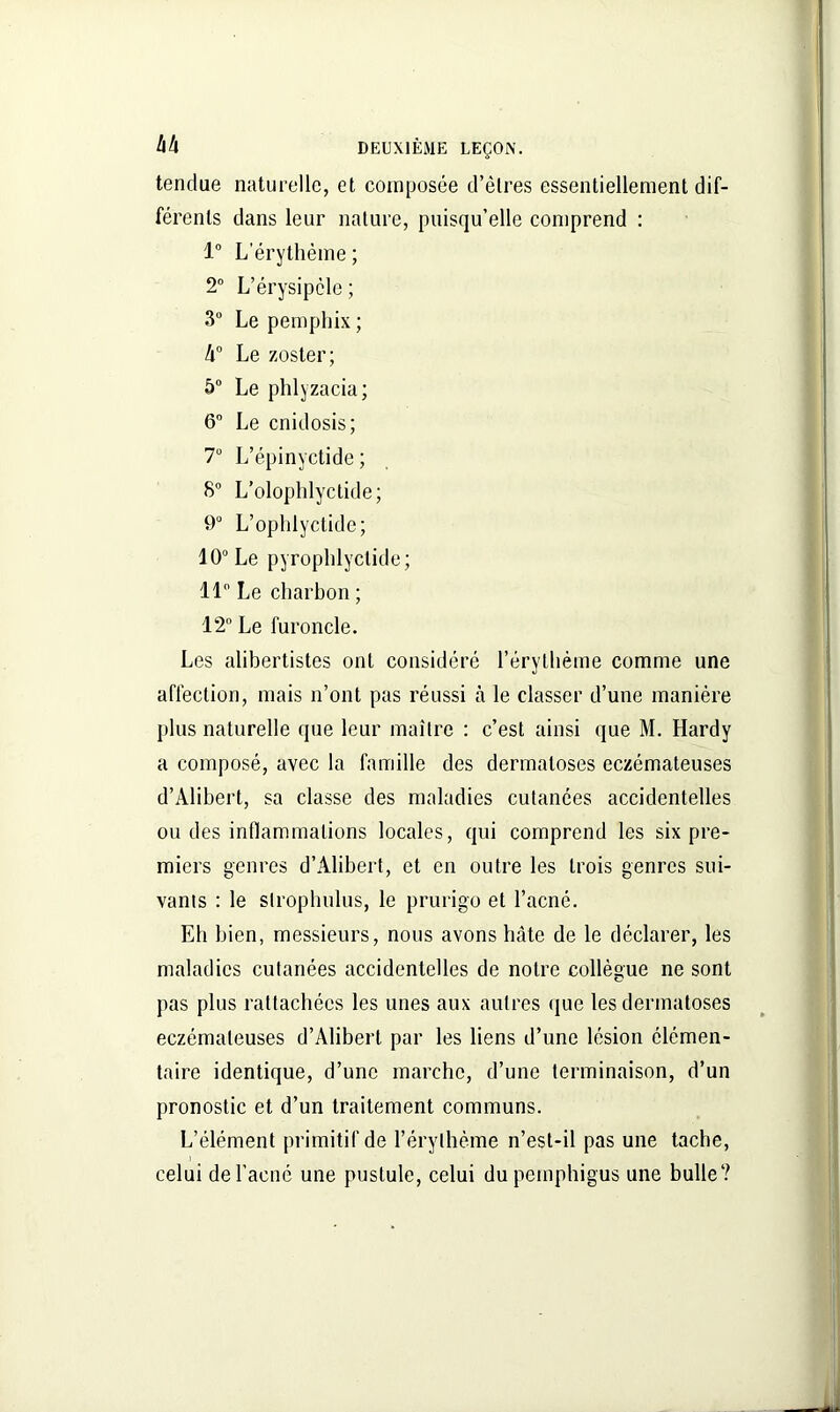 tendue naturelle, et composée d’êtres essentiellement dif- férents dans leur nature, puisqu’elle comprend : 1° L’érythème ; 2° L’érysipèle ; 3° Le pemphix ; 4° Le zoster; 5° Le phlyzacia; 6° Le cnidosis; 7° L’épinyctide ; 8° L’olophlyctide; 9° L’ophlyctide; 10° Le pyrophlyctide; 11° Le charbon ; 12° Le furoncle. Les alibertistes ont considéré l’érythème comme une affection, mais n’ont pas réussi à le classer d’une manière plus naturelle que leur maître : c’est ainsi que M. Hardy a composé, avec la famille des dermatoses eczémateuses d’Àlibert, sa classe des maladies cutanées accidentelles ou des inflammations locales, qui comprend les six pre- miers genres d’Àlibert, et en outre les trois genres sui- vants : le slrophulus, le prurigo et l’acné. Eh bien, messieurs, nous avons hâte de le déclarer, les maladies cutanées accidentelles de notre collègue ne sont pas plus rattachées les unes aux autres que les dermatoses eczémateuses d’Alibert par les liens d’une lésion élémen- taire identique, d’une marche, d’une terminaison, d’un pronostic et d’un traitement communs. L’élément primitif de l’érythème n’est-il pas une tache, celui de l’acné une pustule, celui dupemphigus une bulle?