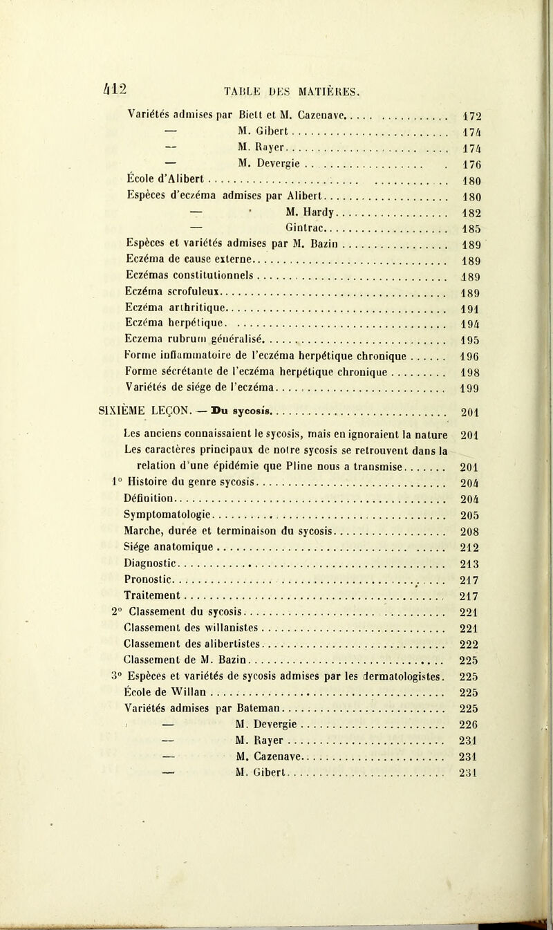 Variétés admises par Bielt et M. Cazenave 172 — M. Gibert 174 M. Rayer 174 — M. Devergie .. 176 École d’Alibert .. 180 Espèces d’eczéma admises par Alibert 180 — ' M. Hardy 182 — Gintrac 185 Espèces et variétés admises par M. Bazin 189 Eczéma de cause externe 189 Eczémas constitutionnels 189 Eczétna scrofuleux 189 Eczéma arthritique 191 Eczéma herpétique 194 Eczema rubrurn généralisé 195 Forme inflammatoire de l’eczéma herpétique chronique 196 Forme sécrétante de l’eczéma herpétique chronique 198 Variétés de siège de l’eczéma 199 SIXIÈME LEÇON. — Du sycosis 201 Les anciens connaissaient le sycosis, mais en ignoraient la nature 201 Les caractères principaux de notre sycosis se retrouvent dans la relation d’une épidémie que Pline nous a transmise 201 1° Histoire du genre sycosis 204 Définition 204 Symptomatologie 205 Marche, durée et terminaison du sycosis 208 Siège anatomique 212 Diagnostic 213 Pronostic ... 217 Traitement 217 2° Classement du sycosis 221 Classement des willanistes 221 Classement des alibertistes 222 Classement de M. Bazin 225 3° Espèces et variétés de sycosis admises par les dermatologistes. 225 École de Willan 225 Variétés admises par Bateman 225 — M. Devergie 226 — M. Rayer 231 — M. Cazenave 231 — M. Gibert 231