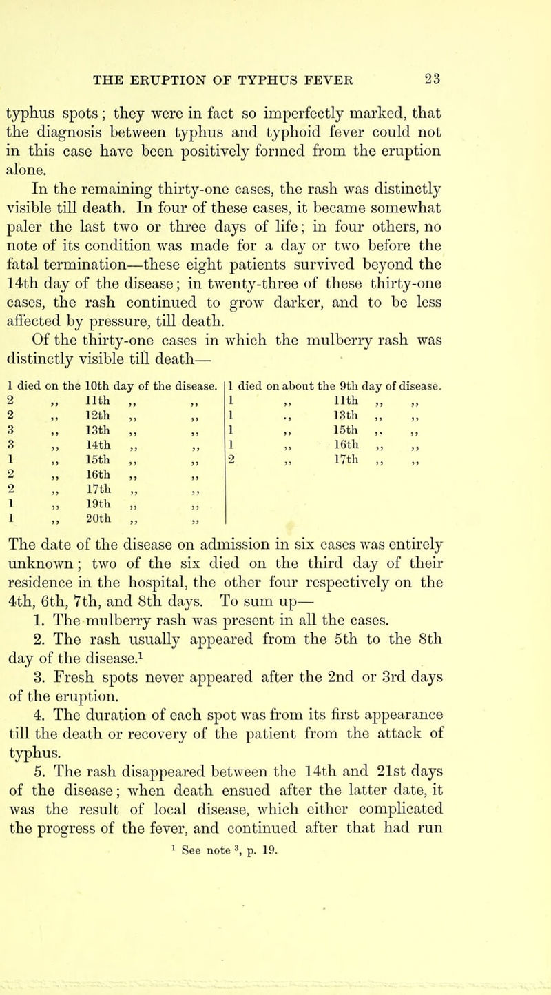 typhus spots; they were in fact so imperfectly marked, that the diagnosis between typhus and typhoid fever could not in this case have been positively formed from the eruption alone. In the remaining thirty-one cases, the rash was distinctly visible till death. In four of these cases, it became somewhat paler the last two or three days of life; in four others, no note of its condition was made for a day or two before the fatal termination—these eight patients survived beyond the 14th day of the disease; in twenty-three of these thirty-one cases, the rash continued to grow darker, and to be less affected by pressure, till death. Of the thirty-one cases in which the mulberry rash was distinctly visible till death— 1 died on the 10th day of the disease. 2 ,, nth 2 ,, 12fch 3 13th 3 14th 1 15th 2 ,, 16th 2 „ 17th 1 ,, 19th 1 ,, 20th died on about the 9th day of disease. 11th ,, 13th ,, ,, 15th ,. 16th ,, 17th ,, The date of the disease on admission in six cases was entirely unknown; two of the six died on the third day of their residence in the hospital, the other four respectively on the 4th, 6th, 7th, and 8th days. To sum up— 1. The mulberry rash was present in all the cases. 2. The rash usually appeared from the 5th to the 8th day of the disease.^ 3. Fresh spots never appeared after the 2nd or 3rd days of the eruption. 4. The duration of each spot was from its first appearance till the death or recovery of the patient from the attack of typhus. 5. The rash disappeared between the 14th and 21st days of the disease; when death ensued after the latter date, it was the result of local disease, which either complicated the progress of the fever, and continued after that had run 1 See note p. 19.
