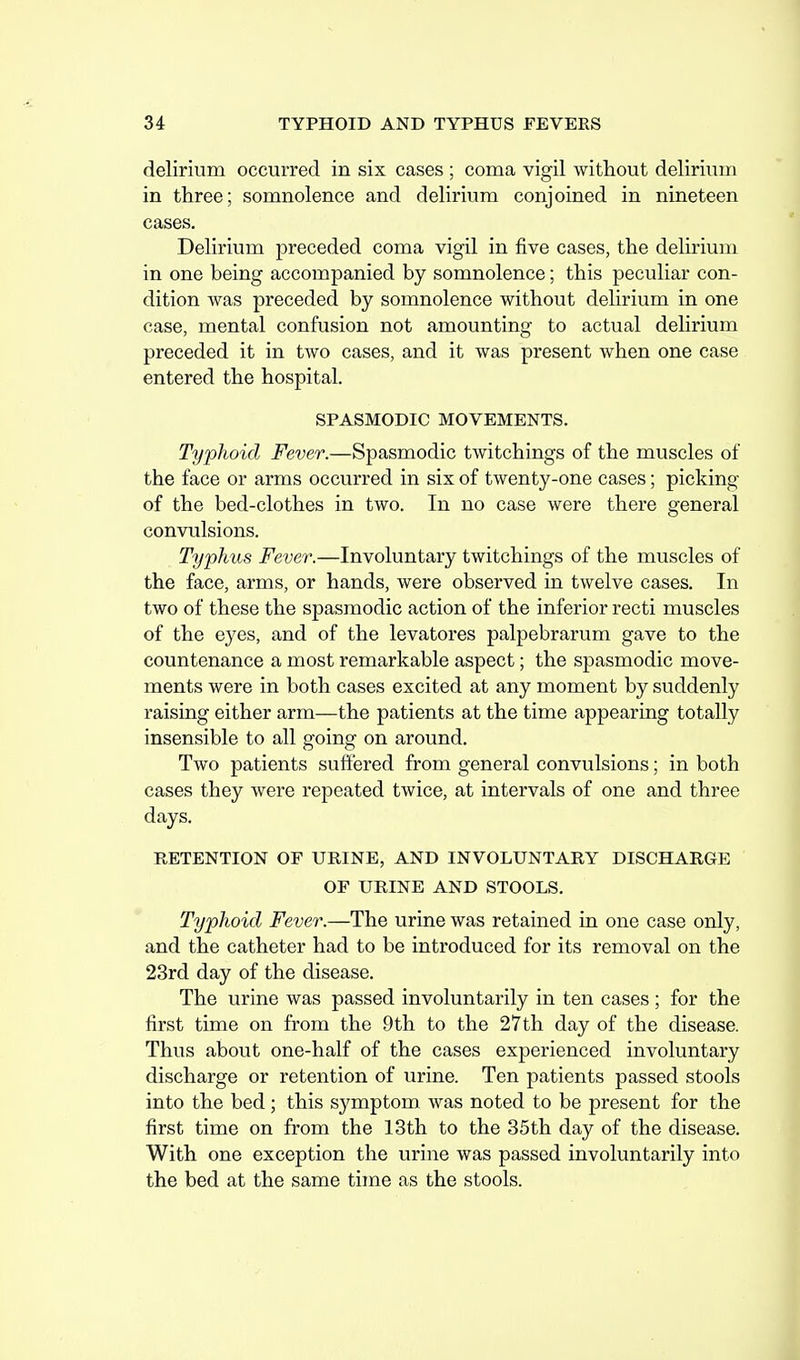 delirium occurred in six cases ; coma vigil without delirium in three; somnolence and delirium conjoined in nineteen cases. Delirium preceded coma vigil in five cases, the delirium in one being accompanied by somnolence; this peculiar con- dition was preceded by somnolence without delirium in one case, mental confusion not amounting to actual delirium preceded it in two cases, and it was present when one case entered the hospital. SPASMODIC MOVEMENTS. Typhoid Fever.—Spasmodic twitchings of the muscles of the face or arms occurred in six of twenty-one cases; picking of the bed-clothes in two. In no case were there general convulsions. Typhus Fever.—Involuntary twitchings of the muscles of the face, arms, or hands, were observed in twelve cases. In two of these the spasmodic action of the inferior recti muscles of the eyes, and of the levatores palpebrarum gave to the countenance a most remarkable aspect; the spasmodic move- ments were in both cases excited at any moment by suddenly raising either arm—the patients at the time appearing totally insensible to all going on around. Two patients suffered from general convulsions; in both cases they Avere repeated twice, at intervals of one and three days. PRETENTION OF URINE, AND INVOLUNTARY DISCHARGE OF URINE AND STOOLS. Typhoid Fever.—The urine was retained in one case only, and the catheter had to be introduced for its removal on the 23rd day of the disease. The urine was passed involuntarily in ten cases ; for the first time on from the 9th to the 27th day of the disease. Thus about one-half of the cases experienced involuntary discharge or retention of urine. Ten patients passed stools into the bed; this symptom was noted to be present for the first time on from the 13th to the 35th day of the disease. With one exception the urine was passed involuntarily into the bed at the same time as the stools.