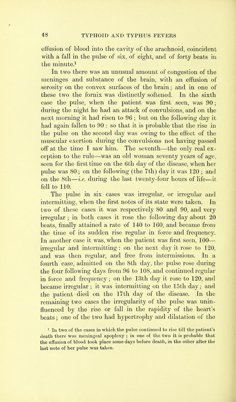 effusion of blood into the cavity of the arachnoid, coincident with a fall in the pulse of six, of eight, and of forty beats in the minute.^ In two there was an unusual amount of congestion of the meninges and substance of the brain, with an effusion of serosity on the convex surfaces of the brain; and in one of these two the fornix was distinctly softened. In the sixth case the pulse, when the patient was first seen, was 90; during the night he had an attack of convulsions, and on the next morning it had risen to 96 ; but on the following day it had again fallen to 90 : so that it is probable that the rise in the pulse on the second day was owing to the effect of the muscular exertion during the convulsions not having passed off at the time I saw him. The seventh—the only real ex- ception to the rule—was an old woman seventy years of age, seen for the first time on the 6th day of the disease, when her pulse was 80 ; on the following (the 7th) day it was 120 ; and on the 8th—i.e. during the last twenty-four hours of life—it fell to 110. The pulse in six cases was irregular, or irregular and intermitting, when the first notes of its state were taken. In two of these cases it was respectively 80 and 90, and very irregular; in both cases it rose the following day about 20 beats, finally attained a rate of 140 to 160, and became from the time of its sudden rise regular in force and frequency. In another case it was, when the patient was first seen, 100— irregular and intermitting : on the next day it rose to 120, and was then regular, and free from intermissions. In a fourth case, admitted on the 8th day, the pulse rose during the four following days from 96 to 108, and continued regular in force and frequency; on the 13th day it rose to 120, and became irregular ; it was intermitting on the 15th day; and the patient died on the 17th day of the disease. In the remaining two cases the irregularity of the pulse was unin- fluenced by the rise or fall in the rapidity of the heart's beats; one of the two had hypertrophy and dilatation of the ' In two of the cases in whicli the pulse continued to rise till the patient's death there was meningeal apoplexy ; in one of the two it is probable that the effusion of blood took place some daj's before death, in the other after the last note of her pulse was taken.