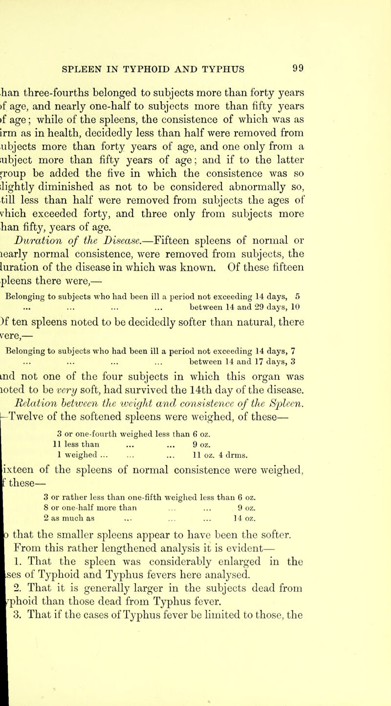iian three-fourths belonged to subjects more than forty years )f age, and nearly one-half to subjects more than fifty years »f age; while of the spleens, the consistence of which was as irm as in health, decidedly less than half were removed from ubjects more than forty years of age, and one only from a lubject more than fifty years of age; and if to the latter rroup be added the five in which the consistence was so Jightly diminished as not to be considered abnormally so, till less than half were removed from subjects the ages of vhich exceeded forty, and three only from subjects more han fifty, years of age. Duration of the Disease.—Fifteen spleens of normal or learly normal consistence, were removed from subjects, the luration of the disease in which was known. Of these fifteen pleens there were,— Belonging to subjects who had been ill a period not exceeding 14 days, 5 between 14 and 29 days, 10 )f ten spleens noted to be decidedly softer than natural, there vere,— Belonging to subjects who had been ill a period not exceeding 14 days, 7 between 14 and 17 days, 3 md not one of the four subjects in which this organ was loted to be very soft, had survived the 14th day of the disease. Relation between the ivcight and consistence of tltc Spleen. -Twelve of the softened spleens were weighed, of these— 3 or one-fourth weighed less than 6 oz. 11 less than ... ... 9 oz. 1 weighed ... ... ... 11 oz. 4 drms. ixteen of the spleens of normal consistence were weighed, t these— 3 or rather less than one-fifth weighed less than 6 oz. 8 or one-half more than ... ... 9 oz. 2 as much as ... ... ... 14 oz. 0 that the smaller spleens appear to have been the softer. From this rather lengthened analysis it is evident— 1. That the spleen was considerably enlarged in the ,ses of Typhoid and Typhus fevers here analysed. 2. That it is generally larger in the subjects dead from q^hoid than those dead from Tjrphus fever. 3. That if the cases of Typhus fever be limited to those, the