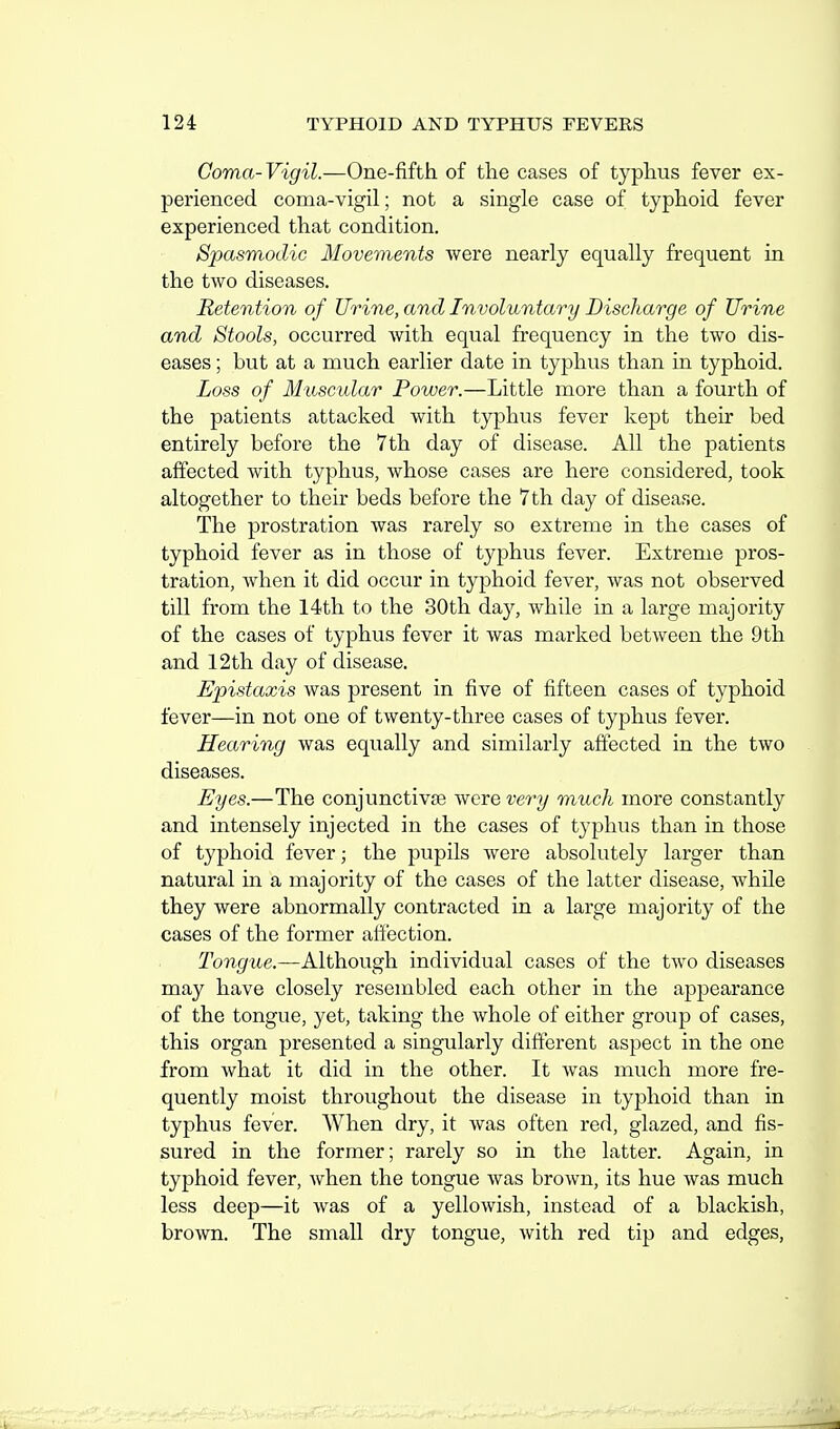 Coma-Vigil.—One-fifth of the cases of typhus fever ex- perienced coma-vigil; not a single case of typhoid fever experienced that condition. Spasmodic Movements were nearly equally frequent in the two diseases. Retention of Urine, and Involuntary Discharge of Urine and Stools, occurred with equal frequency in the two dis- eases ; but at a much earlier date in typhus than in typhoid. Loss of Muscular Power.—Little more than a fourth of the patients attacked with typhus fever kept their bed entirely before the 7th day of disease. All the patients affected with typhus, whose cases are here considered, took altogether to their beds before the 7 th day of disease. The prostration was rarely so extreme in the cases of typhoid fever as in those of typhus fever. Extreme pros- tration, when it did occur in typhoid fever, was not observed till from the 14th to the 30th day, while in a large majority of the cases of typhus fever it was marked between the 9th and 12th day of disease. Epistaxis was present in five of fifteen cases of typhoid fever—in not one of twenty-three cases of typhus fever. Hearing was equally and similarly affected in the two diseases. Eyes.—The conjunctivfe svcrevery much more constantly and intensely injected in the cases of typhus than in those of typhoid fever; the pupils were absolutely larger than natural in a majority of the cases of the latter disease, while they were abnormally contracted in a large majority of the cases of the former affection. Tongue.—Although individual cases of the two diseases may have closely resembled each other in the appearance of the tongue, yet, taking the whole of either group of cases, this organ presented a singularly different aspect in the one from what it did in the other. It was much more fre- quently moist throughout the disease in typhoid than in typhus fever. When dry, it was often red, glazed, and fis- sured in the former; rarely so in the latter. Again, in typhoid fever, when the tongue was brown, its hue was much less deep—it was of a yellowish, instead of a blackish, brown. The small dry tongue, with red tip and edges,