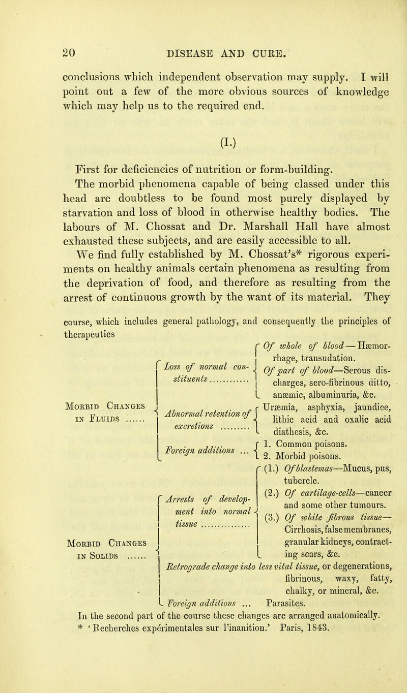 conclusions which independent observation may supply. T will point out a few of the more obvious sources of knowledge which may help us to the required end. (I-) First for deficiencies of nutrition or form-building. The morbid phenomena capable of being classed under this head are doubtless to be found most purely displayed by starvation and loss of blood in otherwise healthy bodies. The labours of M. Chossat and Dr. Marshall Hall have almost exhausted these subjects, and are easily accessible to all. We find fully established by M. Chossat's* rigorous experi- ments on healthy animals certain phenomena as resulting from the deprivation of food, and therefore as resulting from the arrest of continuous growth by the want of its material. They course, wliich includes general pathology, and consequently the principles of therapeutics 'Of whole of blood — Hsemor- ^ rhage, transudation. Loss of normal con- ^ qj.^^^^ of dlood-SeTOus dis- cliarges, sero-fibrinous ditto, ansemic, albuminuria, &c. J , , ,. ^ r Ursemia, asphyxia, jaundice, 1 Abnormal retennon of . -j i i- -j \ lithic acid and oxalic acid excrenons . „ L diathesis, &c. 1. Common poisons. 2. Morbid poisons. (1.) Of blastetnas—Mucus, pus, tubercle. (2.) Of cartilage-cells—cancer and some other tumours. (3.) MoEBiD Changes IN Pluids stituents. Foreign additions ... ' Arrests of develop- ment into normal < tissue Morbid Changes IN Solids Of white fibrous tissue— Cirrhosis, false membranes, granular kidneys, contract- ing scars, &c. Retrograde change into less vital tiss2ie, or degenerations, fibrinous, waxy, fatty, chalky, or mineral, &c. - Foreign additions ... Parasites. In the second part of the course these changes are arranged anatomically. * 'Eecherches experimentales sur I'inanition.' Paris, 1843.