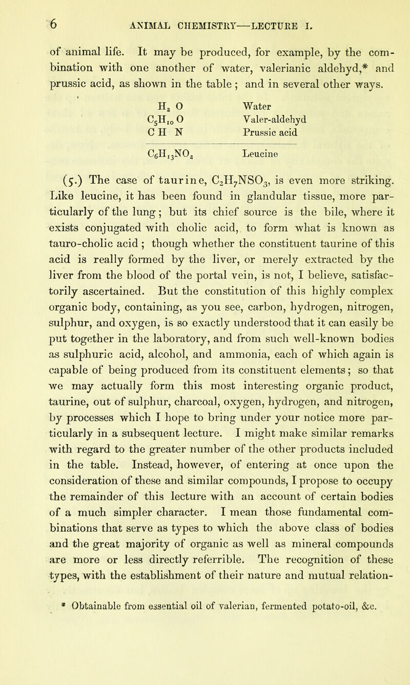 of animal life. It may be produced, for example, by the com- binatiou with one another of water, valerianic aldehyd,* and prussic acid, as shown in the table ; and in several other ways. Ha O Water C5H10O Valer-aldehyd C H N Prussic acid C6H13NO3 Leucine (5.) The case of taurine, C2H7NSO3, is even more striking. Like leucine, it has been found in glandular tissue, more par- ticularly of the lung; but its chief source is the bile, where it exists conjugated with cholic acid, to form what is known as tauro-cholic acid ; though whether the constituent taurine of this acid is really formed by the liver, or merely extracted by the liver from the blood of the portal vein, is not, I believe, satisfac- torily ascertained. But the constitution of this highly complex organic body, containing, as you see, carbon, hydrogen, nitrogen, sulphur, and oxygen, is so exactly understood that it can easily be put together in the laboratory, and from such well-known bodies as sulphuric acid, alcohol, and ammonia, each of which again is capable of being produced from its constituent elements; so that we may actually form this most interesting organic product, taurine, out of sulphur, charcoal, oxygen, hydrogen, and nitrogen, by processes which I hope to bring under your notice more par- ticularly in a subsequent lecture. I might make similar remarks with regard to the greater number of the other products included in the table. Instead, however, of entering at once upon the consideration of these and similar compounds, I propose to occupy the remainder of this lecture with an account of certain bodies of a much simpler character. I mean those fundamental com- binations that serve as types to which the above class of bodies and the great majority of organic as well as mineral compounds : are more or less directly referrible. The recognition of these types, with the establishment of their nature and mutual relation- * Obtainable from essential oil of valerian, fermented potato-oil, &c.