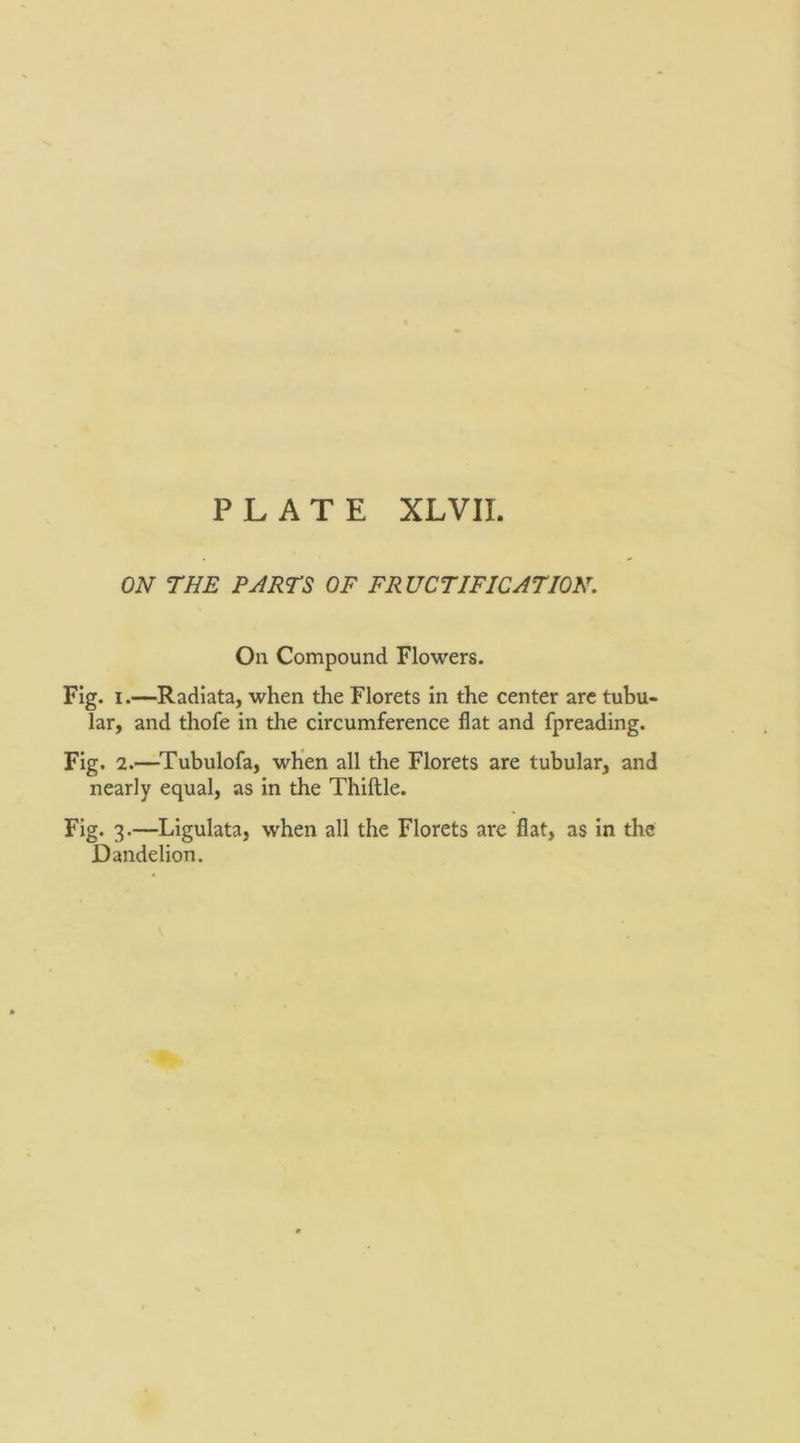 PLATE XLVII. ON THE PARTS OF FRUCTIFICATION, On Compound Flowers. Fig. I.—Radiata, when the Florets in the center arc tubu- lar, and thofe in the circumference flat and fpreading. Fig. 2.—^Tubulofa, when all the Florets are tubular, and nearly equal, as in the Thiftle. Fig. 3.—Ligulata, when all the Florets are flat, as in the Dandelion.