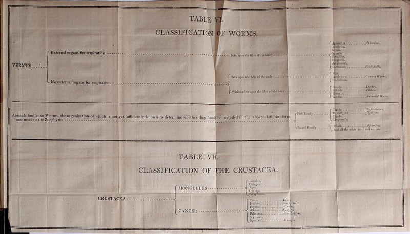 CLASSIFICATION Pf WORMS. f External organs for respiration VERMES. No external organs for respiration ' Set® upon the fidcs of the boilv. Seta: upon the fidcs ©f the body J Without fetjc upon the fides of the body . Animals fimilar to Worms, the organization of wliich is not iyet fufficiently known to determine whether they Hioiild be included in the above clafs, or fort* } one next to the Zoophytes --s; TABLE VII. CLASSIFICATION OF THE CRUSTACEA. ' MONOCULUS- CRUSTACEA. pFlrft Family .. . I / Lsccond Family . CANCER. r Limolus. Calygus. , < Apus. ] Cyclops. \_yoVypiicmus. Cancer Cr.ili, Inachus .'Sea Spiders. Pagurus Hermits. Aftacus fCray.fiJh. Falinurus Some Lobjlers, Scyllarus, , Squilla .Shrh^s, Aphrodita Aphrodites. Terebella. Nereis. Serpula. Penicillus. Sfliquaria. Amphitrite. Dentalium Toothjhells. I^unbriciis Common fVorms. ili.iluflcma. I|irudo Leeches. thfciola Flukes. i’hnaria. Qoidius Animated Hairs. T'ape-nuorms. Hydatigcna Hydatids. Ljgula. . linguiitula. f .Afearis A/earidet. ' \ And all the other intcftinal worms.