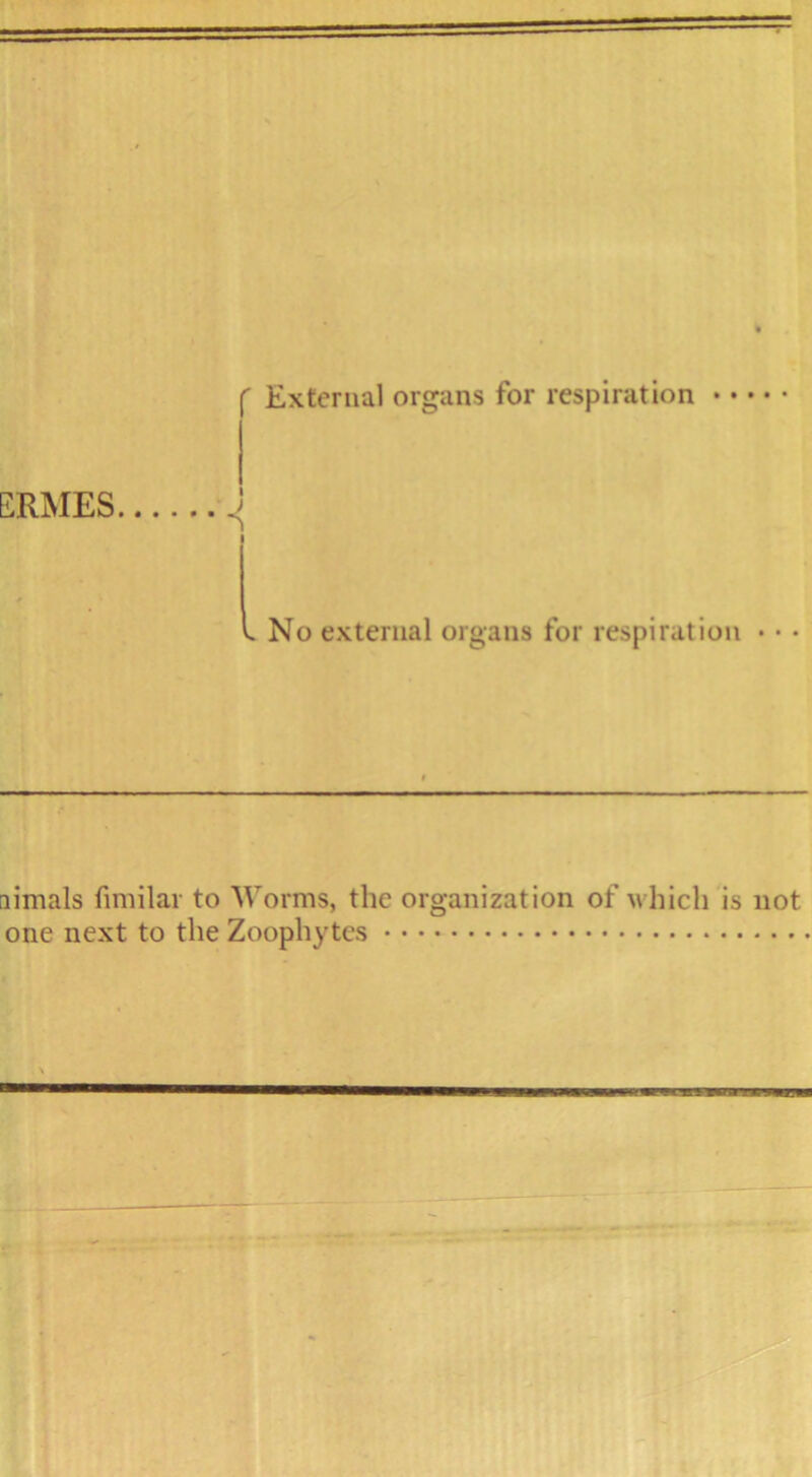 '■ External organs for respiration ERMES J ^ No external organs for respiration • • • nimals fimilai to Worms, the organization of M'hicli is not one next to the Zoophytes