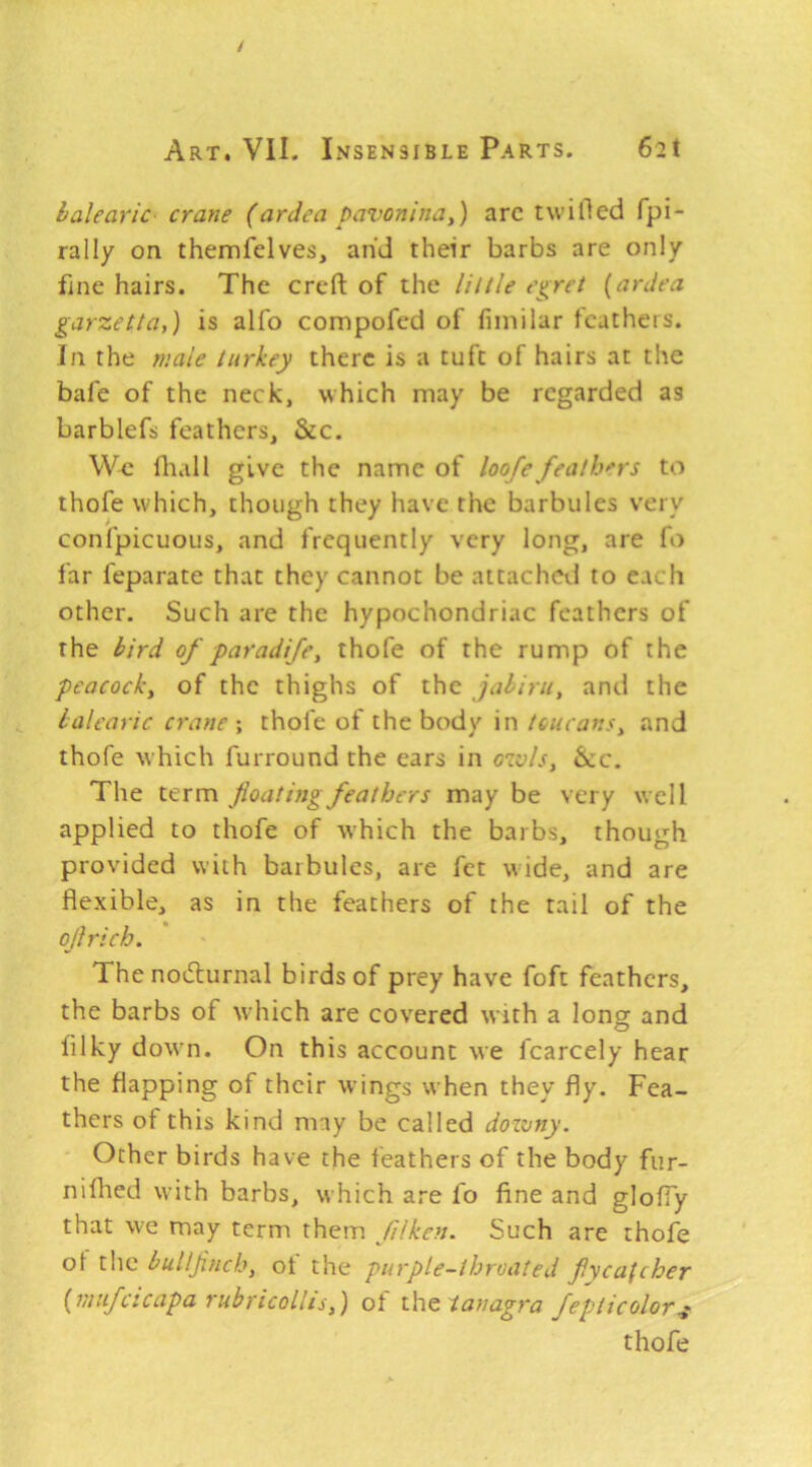 lalearic crane (ardea pavoninay) arc twilled fpi- rally on themfelves, and their barbs are only fine hairs. The creft of the lillle e^ret {ardea garzetla,) is alfo compofed of fiinilar feathers. In the male turkey there is a tuft of hairs at the bafe of the neck, which may be regarded as barblefs feathers, &c. fliall give the name of loofe feathers to thofe which, though they have the barbules very confpicuous, and frequently very long, are fo far feparate that they cannot be attachcvl to each other. Such are the hypochondriac feathers of the bird of paradife, thofe of the rump of the peacocky of the thighs of the jabirit, and the lalearic crane \ thofe of the body in tcucanSy and thofe which furround the ears in o'lvlSy &c. The term floating feathers may be very well applied to thofe of which the barbs, though provided with barbules, are fet wide, and are flexible, as in the feathers of the tail of the oflrich. Thenodlurnal birds of prey have foft feathers, the barbs of which are covered with a long and fllky down. On this account we fcarcely hear the flapping of their wings when they fly. Fea- thers of this kind may be called dozvny. ■ Other birds have the feathers of the body fur- niflied with barbs, which are fo fine and glofiy that we may term them filken. Such are thofe ol the bulljinchy of the purple-throated flycatcher {mufctcapa ruhricollisy) of x.'ti&'tanagra fepticolor^ thofe