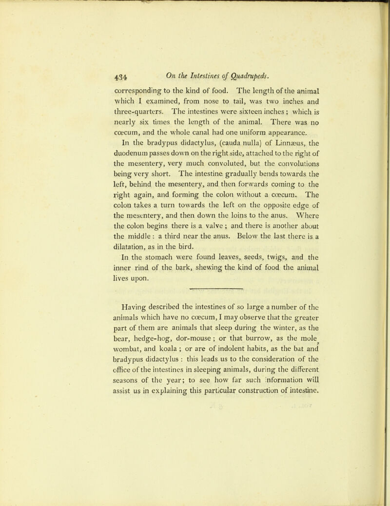 corresponding to the kind of food. The length of the animal which 1 examined, from nose to tail, was two inches and three-quarters. The intestines were sixteen inches ; which is nearly six times the length of the animal. There was no coecum, and the whole canal had one uniform appearance. In the bradypus didactylus, (cauda nulla) of Linnaeus, the duodenum passes down on the right side, attached to the right of the mesentery, very much convoluted, but the convolutions being very short. The intestine gradually bends towards the left, behind the mesentery, and then forwards coming to the right again, and forming the colon without a coecum. The colon takes a turn towards the left on the opposite edge of the mesentery, and then down the loins to the anus. Where the colon begins there is a valve ; and there is another about the middle : a third near the anus. Below the last there is a dilatation, as in the bird. In the stomach were found leaves, seeds, twigs, and the inner rind of the bark, shewing the kind of food the animal lives upon. Having described the intestines of so large a number of the animals which have no coecum, I may observe that the greater part of them are animals that sleep during the winter, as the bear, hedge-hog, dor-mouse; or that burrow, as the mole wombat, and koala ; or are of indolent habits, as the bat and bradypus didactylus : this leads us to the consideration of the office of the intestines in sleeping animals, during the different seasons of the year; to see how far such information will assist us in explaining this particular construction of intestine.