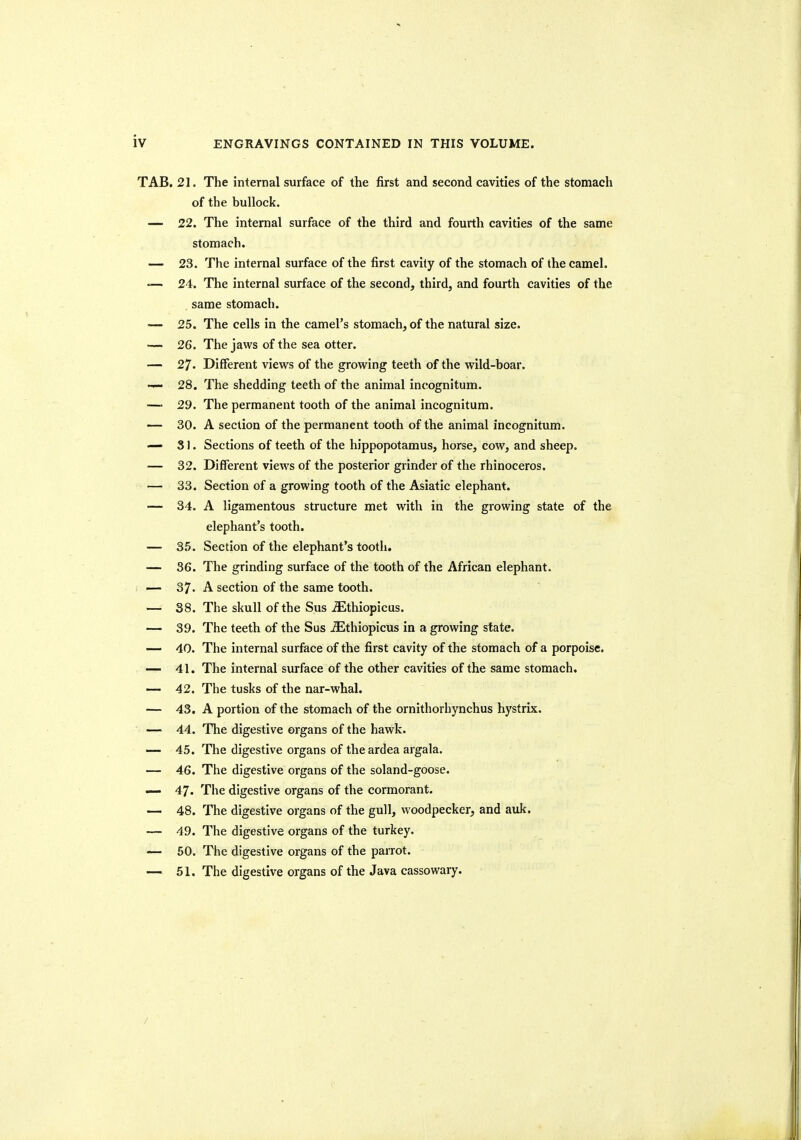 TAB. 21. The internal surface of the first and second cavities of the stomach of the bullock. — 22. The internal surface of the third and fourth cavities of the same stomach. — 23. The internal surface of the first cavity of the stomach of the camel. •— 24. The internal surface of the second, third, and fourth cavities of the . same stomach. — 25. The cells in the camel's stomach, of the natural size. — 26. The jaws of the sea otter. — 27. Different views of the growing teeth of the wild-boar. —• 28. The shedding teeth of the animal incognitum. — 29. The permanent tooth of the animal incognitum. — 30. A section of the permanent tooth of the animal incognitum. — 31. Sections of teeth of the hippopotamus, horse, cow, and sheep. — 32. Different views of the posterior grinder of the rhinoceros. ■— 33. Section of a growing tooth of the Asiatic elephant. — 34. A ligamentous structure met with in the growing state of the elephant's tooth. — 35. Section of the elephant's tooth. — 36. The grinding surface of the tooth of the African elephant. — 37. A section of the same tooth. — 38. The skull of the Sus -Slthiopicus. — 39. The teeth of the Sus iEthiopicus in a growing state. — 40. The internal surface of the first cavity of the stomach of a porpoise. — 41. The internal surface of the other cavities of the same stomach. — 42. The tusks of the nar-whal. — 43. A portion of the stomach of the ornithorhynchus hystrix. — 44. The digestive organs of the hawk. — 45. The digestive organs of the ardea argala. — 46. The digestive organs of the soland-goose. — 47. The digestive organs of the cormorant. — 48. The digestive organs of the gull, woodpecker, and auk. — 49. The digestive organs of the turkey. — 50. The digestive organs of the parrot. — 51. The digestive organs of the Java cassowary. /