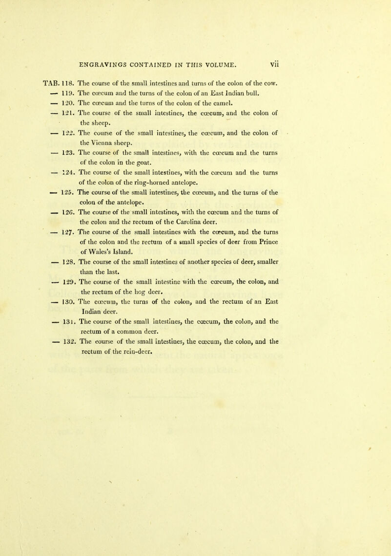 TAB. 118. The course of the small intestines and turns of the colon of the cow. —• 119. The coecum and the turns of the colon of an East Indian bull. •— 120. The ccecum and the turns of the colon of the camel. — 121. The course of the small intestines, the ccecum, and the colon of the sheep. ■— 122. The course of the small intestines, the coscum, and the colon of the Vienna sheep. — 123. The course of the small intestines, with the coecum and the turns of the colon in the goat. — 124. The course of the small intestines, with the ccecum and the turns of the colon of the ring-horned antelope. — 125. The course of the small intestines, the coecum, and the turns of the colon of the antelope. — 126. The course of the small intestines, with the coscum and the turns of the colon and the rectum of the Carolina deer. . — 127. The course of the small intestines with the coecum, and the turns of the colon and the rectum of a small species of deer from Prince of Wales's Island. — 128. The course of the small intestines of another species of deer, smaller than the last. —• 129, The course of the small intestine with the ccecum, the colon, and the rectum of the hog deer. — 130. Tlie coecum, the turns of the colon, and the rectum of an East Indian deer. — 131. The course of the small intestines, the coecum, the colon, and the rectum of a common deer. — 132. The course of the small intestines, the coecum, the colon, and the rectum of the rein-deer.