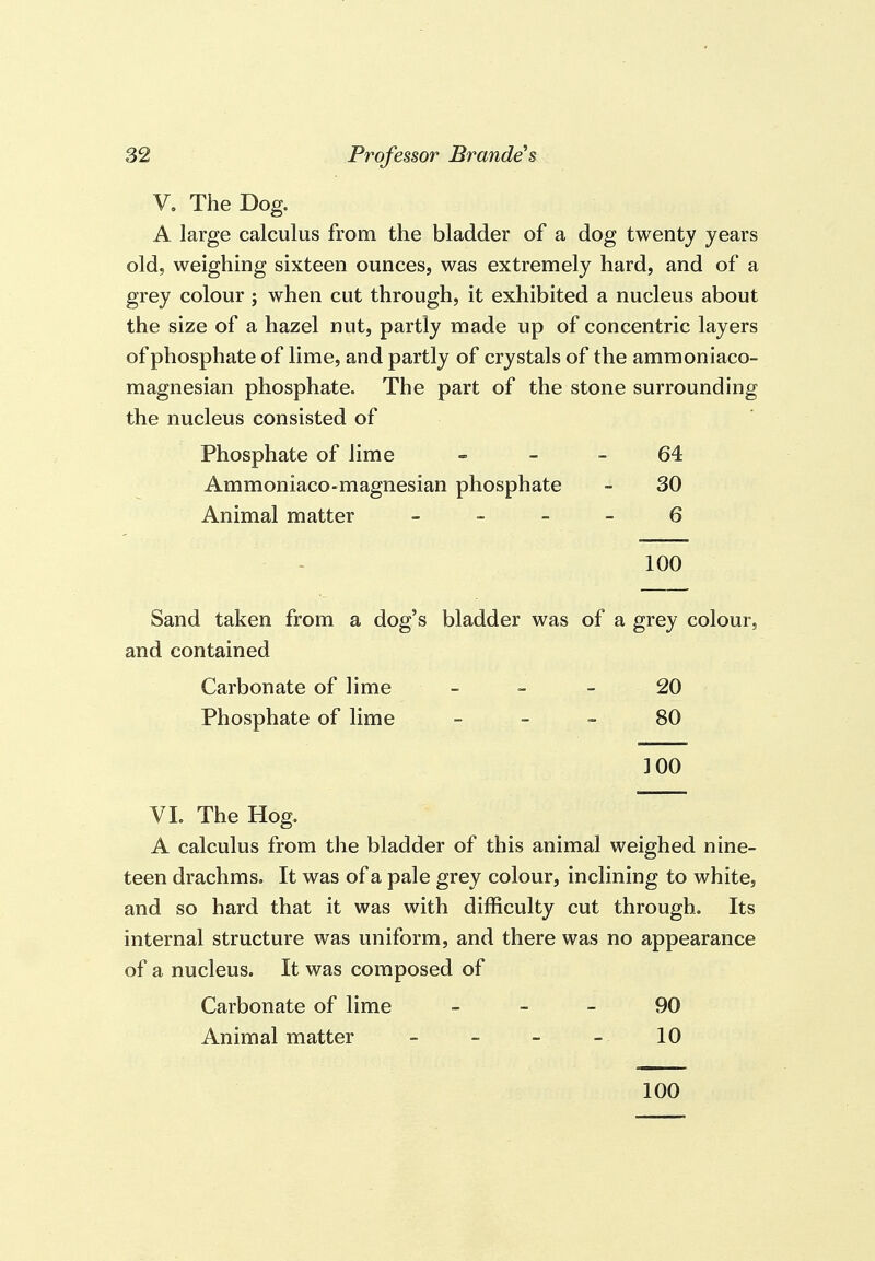 V, The Dog. A large calculus from the bladder of a dog twenty years old, weighing sixteen ounces, was extremely hard, and of a grey colour ; when cut through, it exhibited a nucleus about the size of a hazel nut, partly made up of concentric layers of phosphate of lime, and partly of crystals of the ammoniaco- magnesian phosphate. The part of the stone surrounding the nucleus consisted of Phosphate of lime ». - - 64 Ammoniaco-magnesian phosphate - 30 Animal matter - _ _ _ 6 100 Sand taken from a dog's bladder was of a grey colour, and contained Carbonate of lime - - - 20 Phosphate of lime _ _ - 80 300 VI. The Hog. A calculus from the bladder of this animal weighed nine- teen drachms. It was of a pale grey colour, inclining to white, and so hard that it was with difficulty cut through. Its internal structure was uniform, and there was no appearance of a nucleus. It was composed of Carbonate of lime - - - 90 Animal matter - - - - 10 100